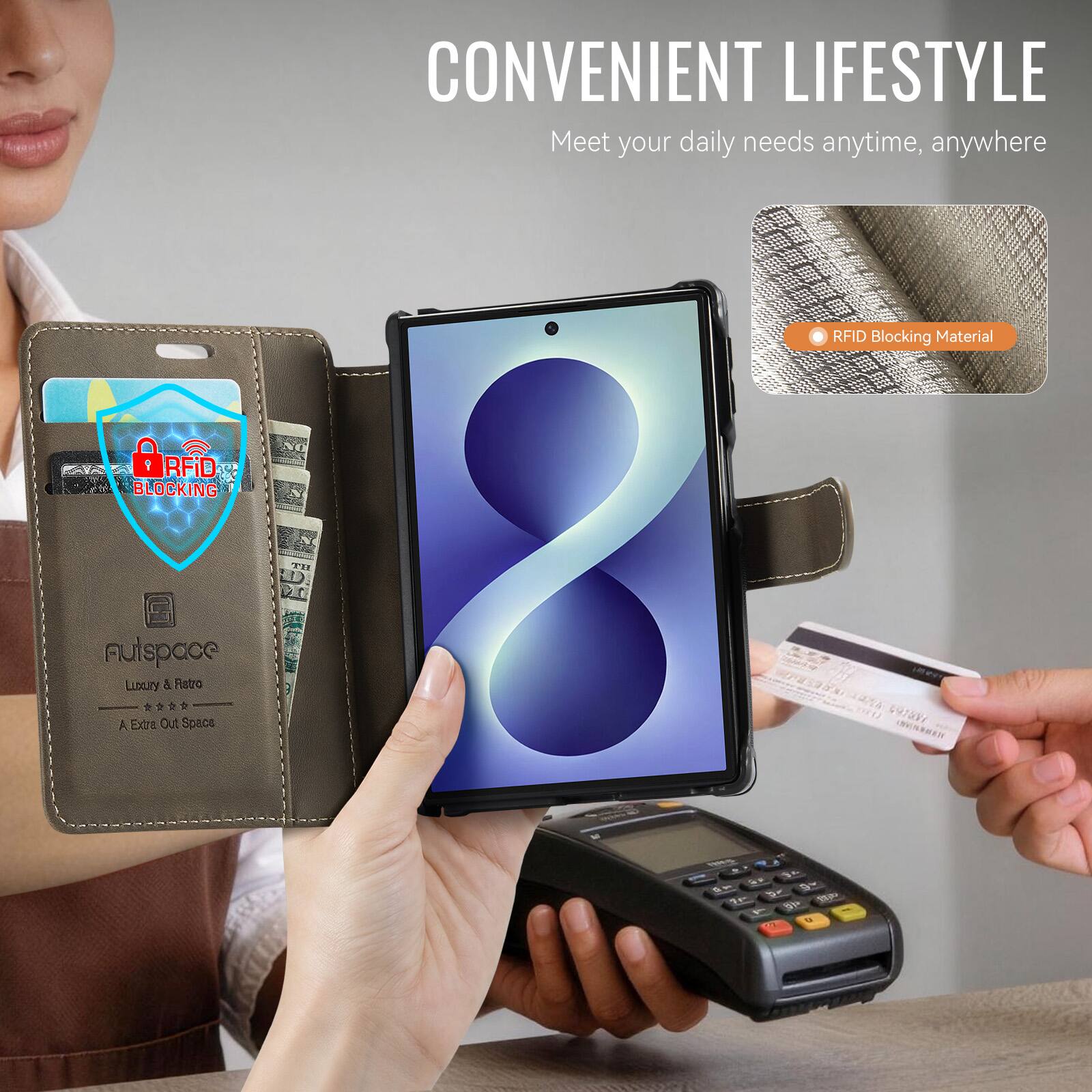 CONVENIENT LIFESTYLE  
Meet your daily needs anytime, anywhere

RFID Blocking Material

Autspace  
LUXURY & RATO  
A Extra Out Space