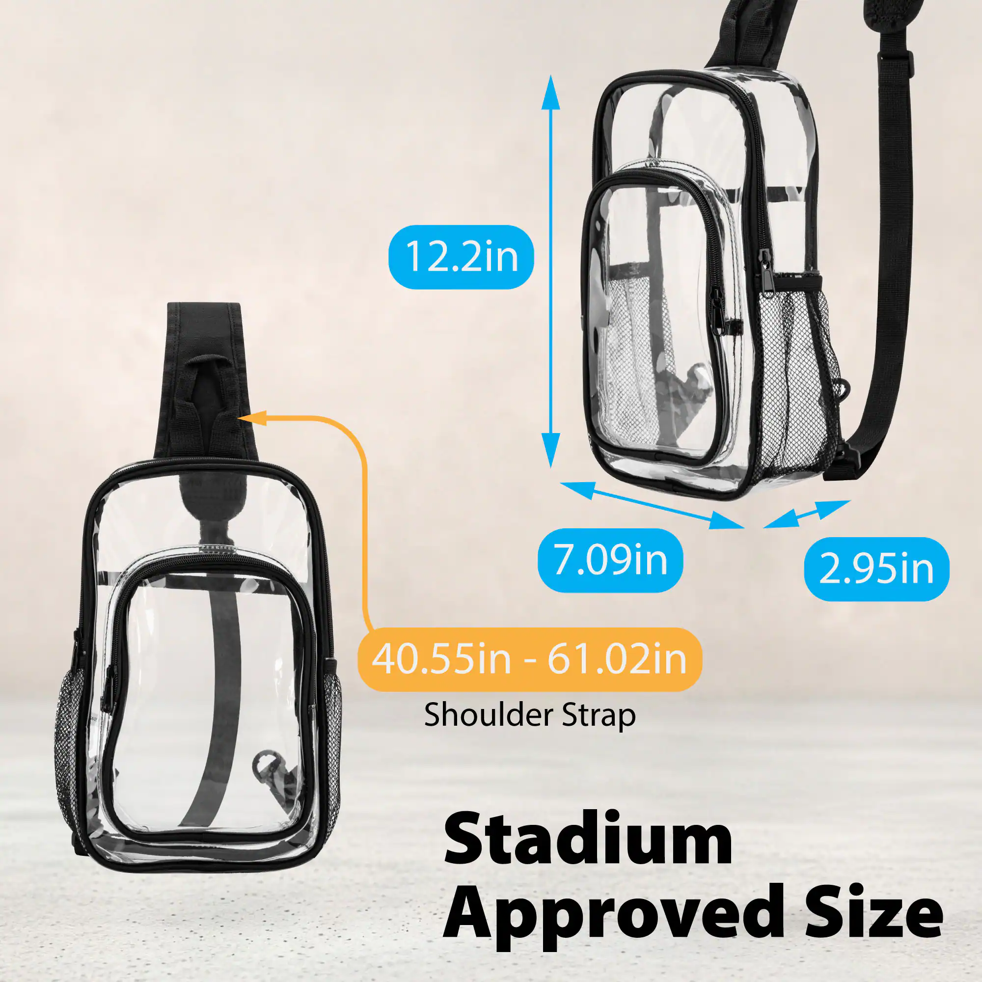 12.2in 7.09in 2.95in 40.55in - 61.02in Shoulder Strap Stadium Approved Size