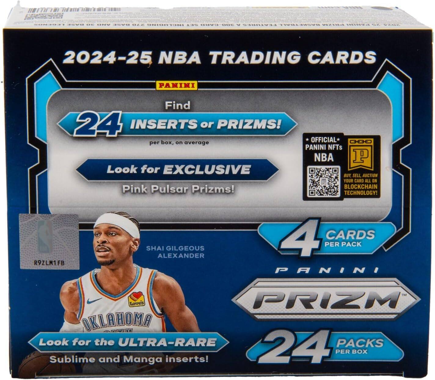 2024-25 NBA TRADING CARDS  
PANINI PRIZMS!  

Find 24 INSERTS or PRIZMS!  
per box, on average  

Look for EXCLUSIVE Pink Pulsar Prizms!  

OFFICIAL PANINI NFTs  
BUY, SELL, AUCTION YOUR CARD ALL ON BLOCKCHAIN TECHNOLOGY!  

4 CARDS PER PACK  

Look for the ULTRA-RARE Sublime and Manga inserts!  

24 PACKS PER BOX  

SHAI GILGEOUS ALEXANDER  
OKLAHOMA  

R9ZLM1FB