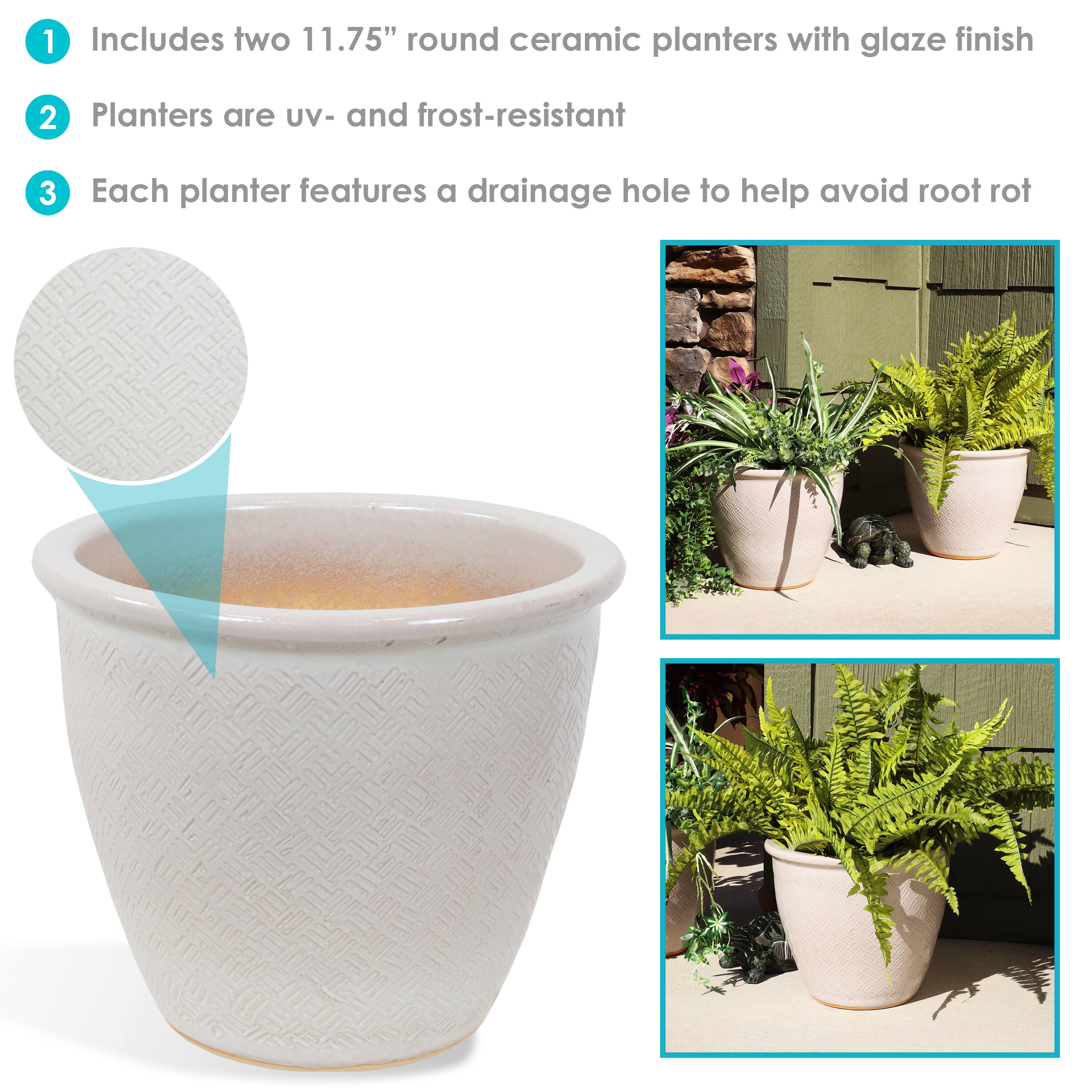 1. Includes two 11.75" round ceramic planters with glaze finish
2. Planters are UV- and frost-resistant
3. Each planter features a drainage hole to help avoid root rot