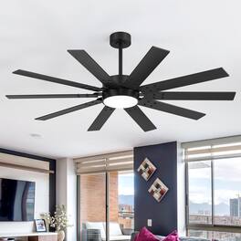 Breezary - 60-In LED Indoor Ceiling Fan, 10 Plywood Blades, 6-Speed DC Motor, Remote Control, Multi Timer, 6"/12" Downrods - Black