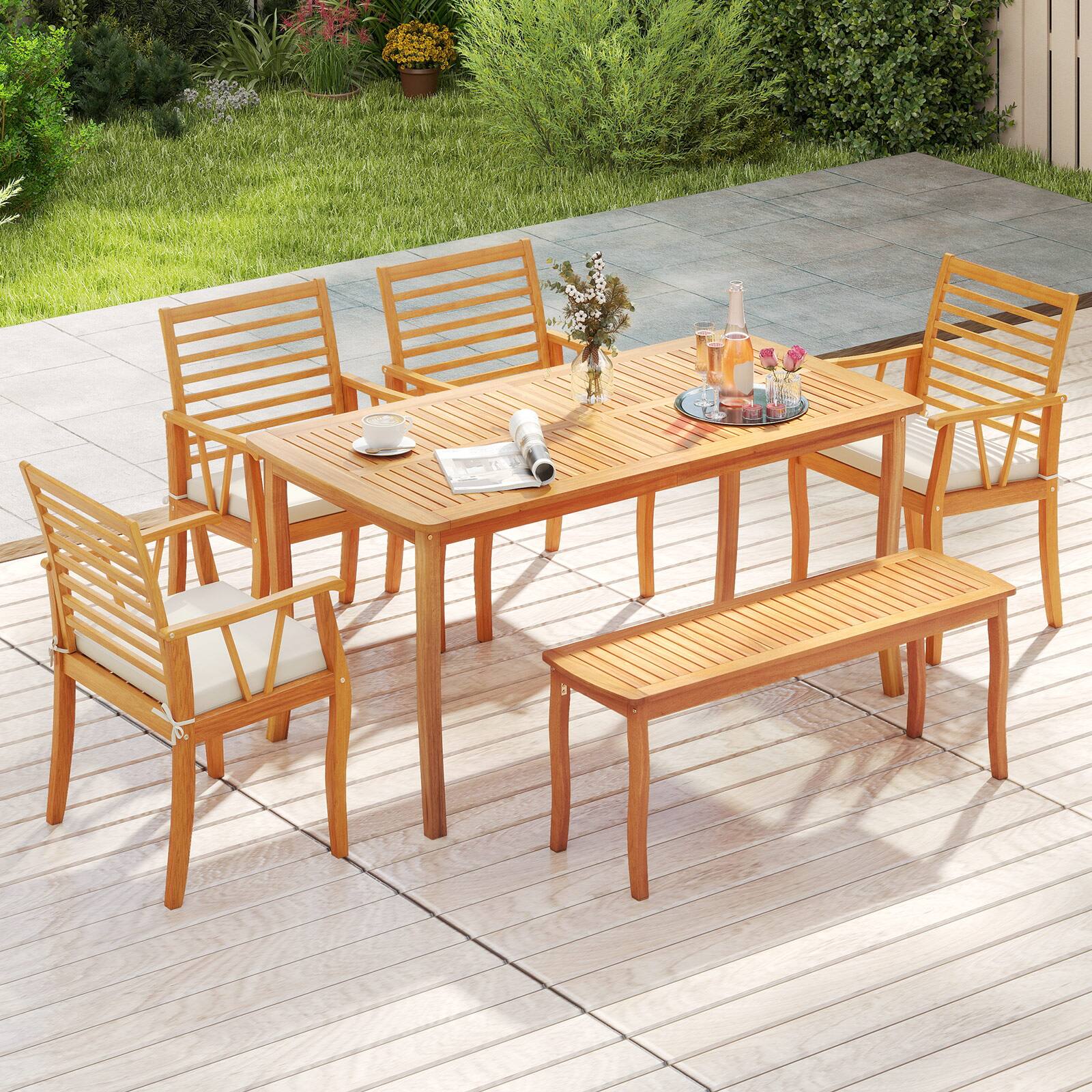Alt View 9. Gymax - Gymax 63'' Outdoor Dining Table w/ Umbrella Hole Slatted Tabletop for Backyard - Yellow.
