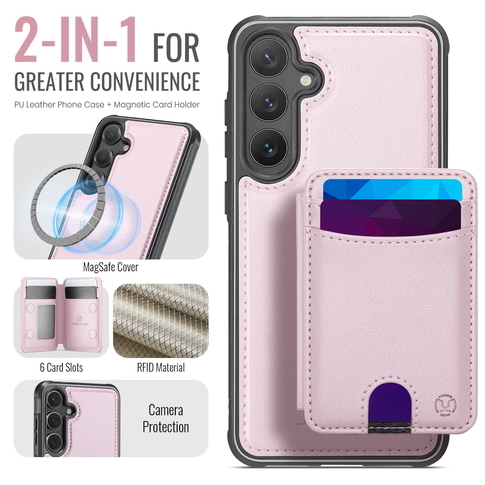 2-IN-1 FOR GREATER CONVENIENCE  
PU Leather Phone Case + Magnetic Card Holder  
MagSafe Cover  
6 Card Slots  
RFID Material  
Camera Protection