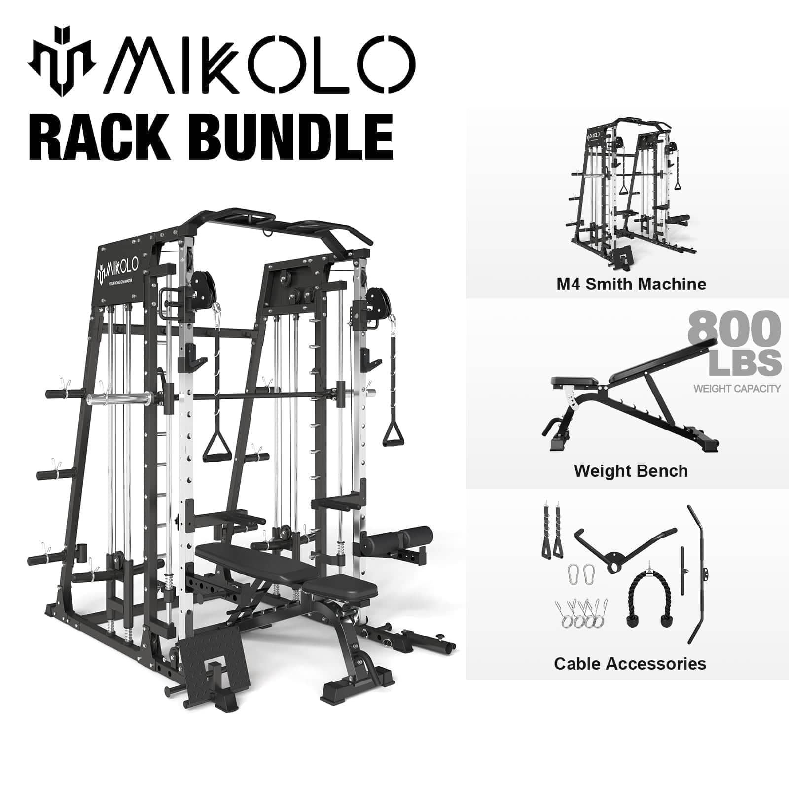 Mikolo - Smith Machine, 2200 lbs Power Rack Cage with 800 lbs Weight Bench and Cable Crossover System, Weight Bar - Black