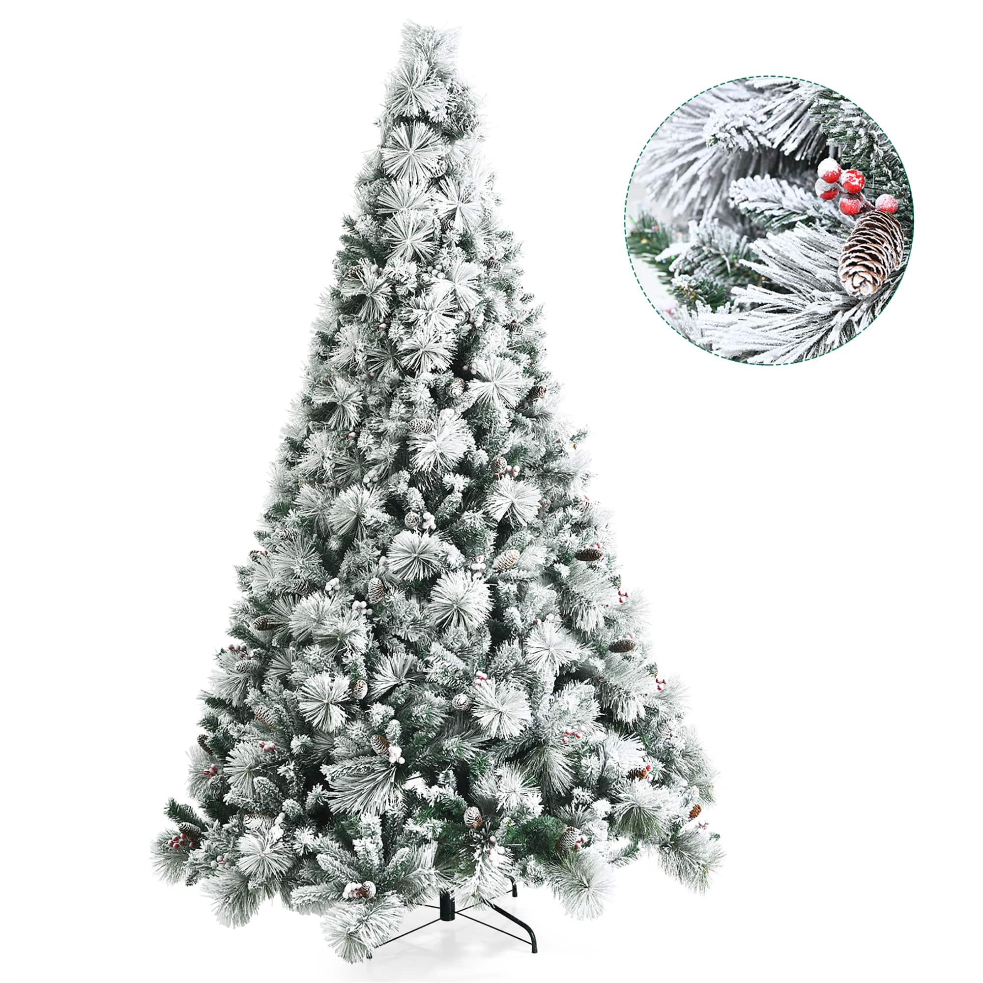 Costway - 8ft Snow Flocked Christmas Tree Glitter Tips w/ Pine Cone & Red Berries - Green/White