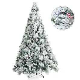 Costway - 8ft Snow Flocked Christmas Tree Glitter Tips w/ Pine Cone & Red Berries - Green/White