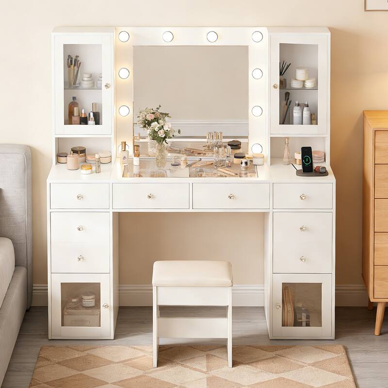 Angle. Dyonery - Vanity Desk with Mirror, LED Lights and Power Outlet Makeup Vanity Table with 10 Drawers and 6 Storage Shelves Dressing - White.