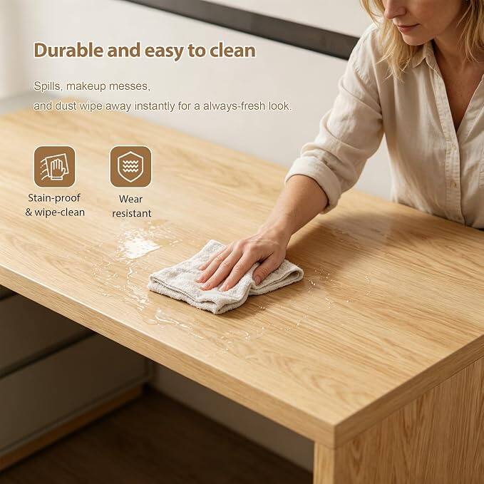 Durable and easy to clean

Spills, makeup messes, and dust wipe away instantly for a always-fresh look.

Stain-proof & wipe-clean

Wear resistant