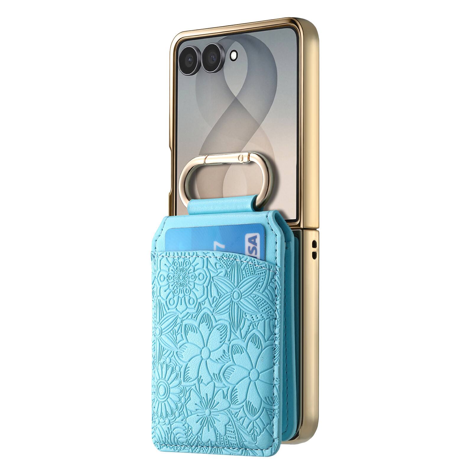 Angle. Dteck - Shockproof Leather Wallet Phone Case for Samsung Galaxy Z Flip8 with Ring Clasp, Rigid Plastic Floral Flip Stand Cover - Blue.