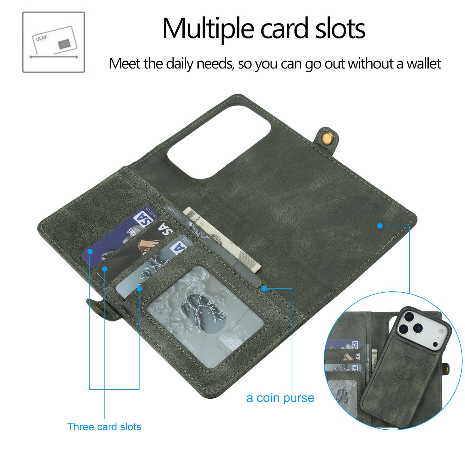 Multiple card slots  
Meet the daily needs, so you can go out without a wallet  
Three card slots  
a coin purse