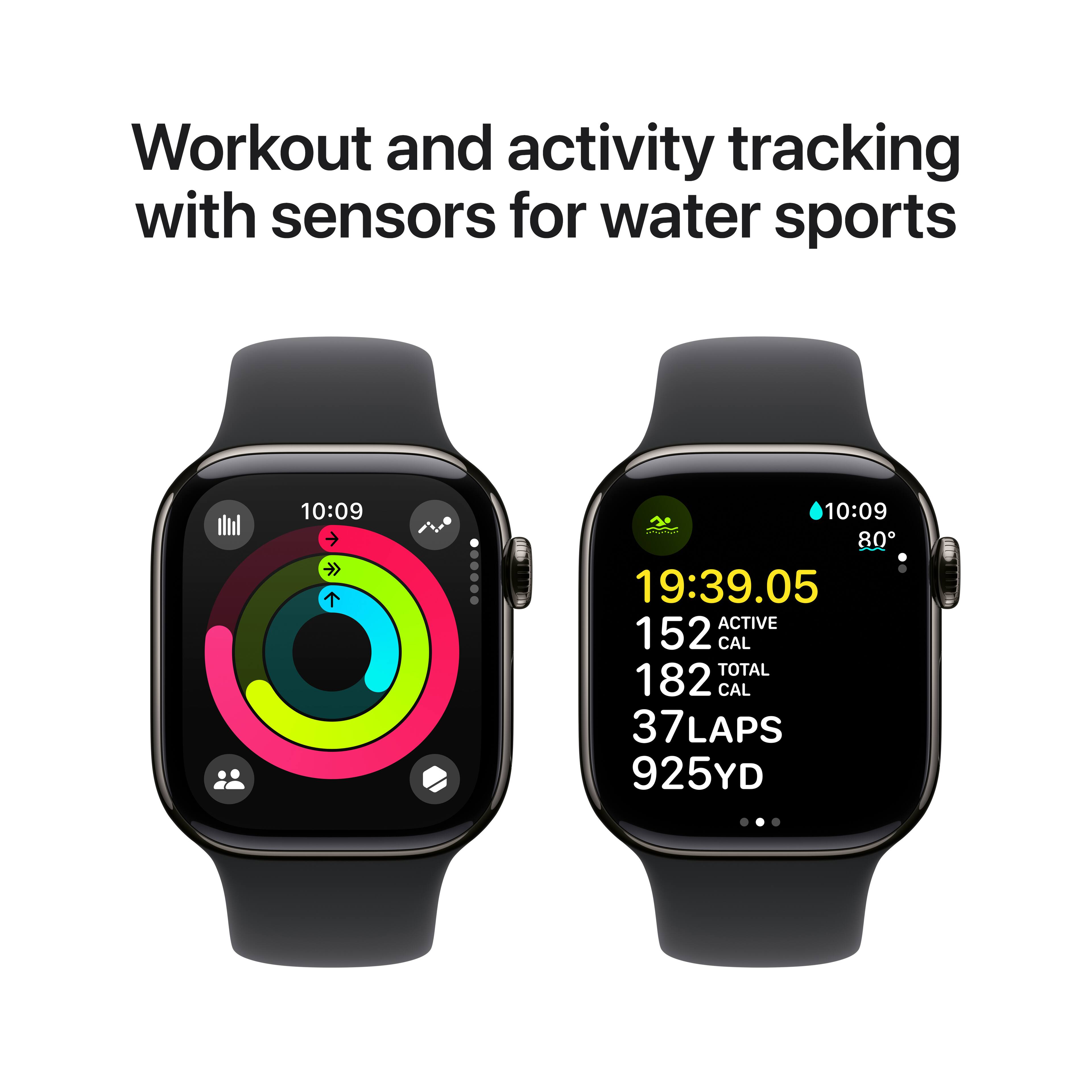Workout and activity tracking with sensors for water sports: 10:09 10:09 80 19:39.05 ACTIVE 152 CAL TOTAL 182 CAL 37 LAPS 925YD.