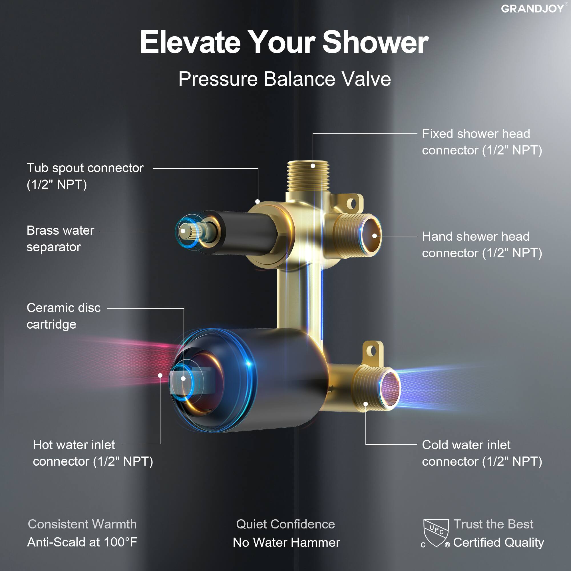 Elevate Your Shower  
Pressure Balance Valve  

- Tub spout connector (1/2" NPT)  
- Brass water separator  
- Ceramic disc cartridge  
- Hot water inlet connector (1/2" NPT)  
- Cold water inlet connector (1/2" NPT)  
- Fixed shower head connector (1/2" NPT)  
- Hand shower head connector (1/2" NPT)  

Features:  
- Consistent Warmth  
- Anti-Scald at 100°F  
- Quiet Confidence  
- No Water Hammer  

Certifications:  
- UPC Certified Quality  
- Trust the Best  

GRANDJOY