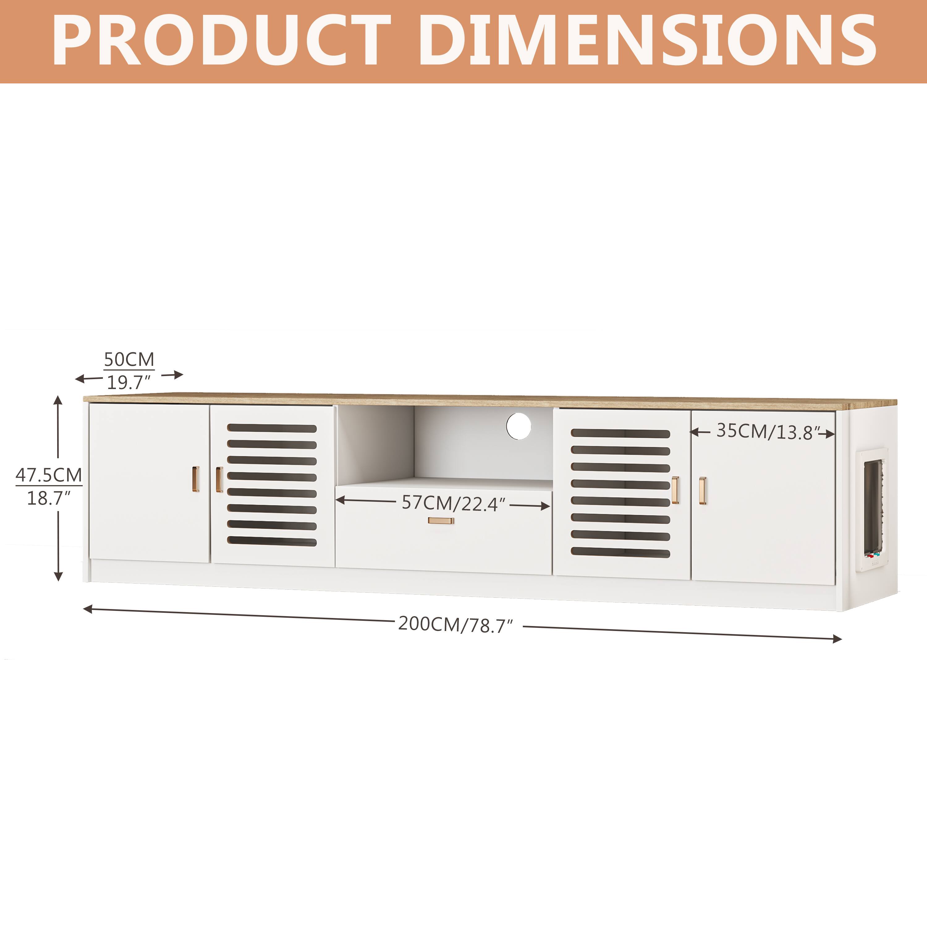 PRODUCT DIMENSIONS

- Width: 200CM / 78.7"
- Height: 47.5CM / 18.7"
- Depth: 50CM / 19.7"
- Cabinet Width: 57CM / 22.4"
- Drawer Width: 35CM / 13.8"