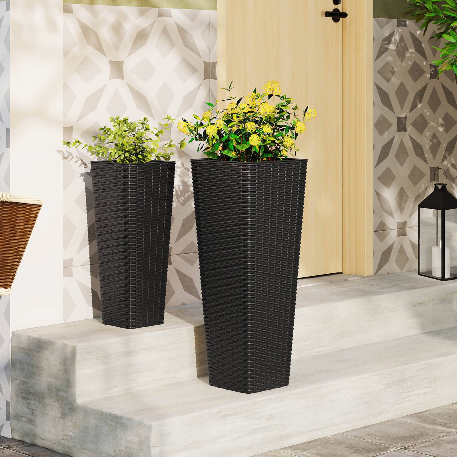 Alt View 1. Costway - Costway Rattan Tall Planter Set of 2 with Removable Inner Trays, Drainage Holes for Garden - Black.