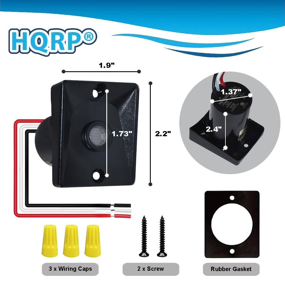 HQRP

1.9"  
1.37"  
1.73"  
2.2"  
2.4"  

3 x Wiring Caps  
2 x Screw  
Rubber Gasket
