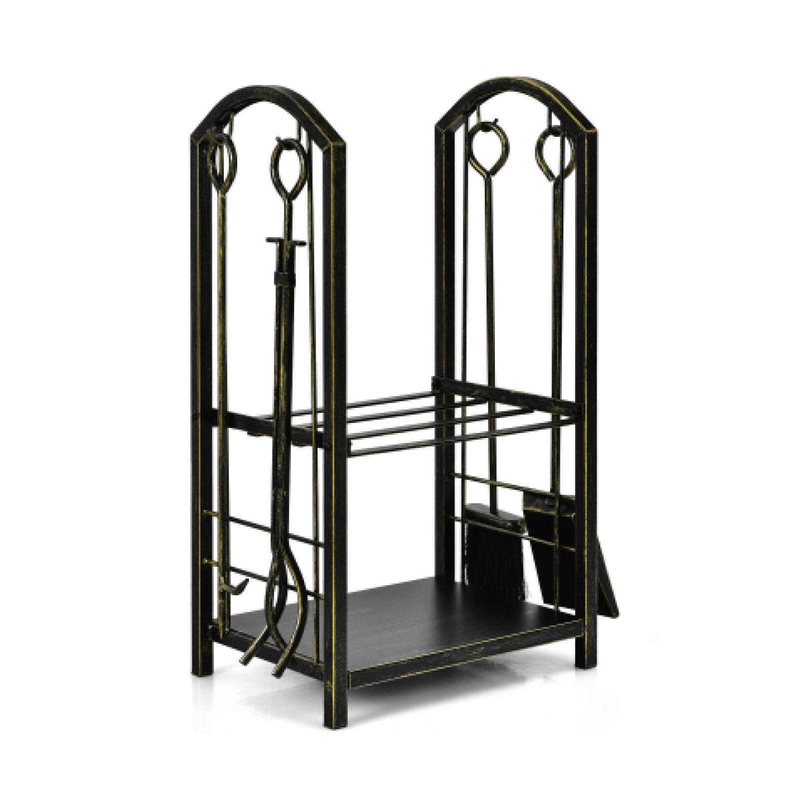 Alt View 7. SKONYON - Wrought Iron Firewood Log Rack with Fireplace Tool Set and Dual Storage Shelves - Black.