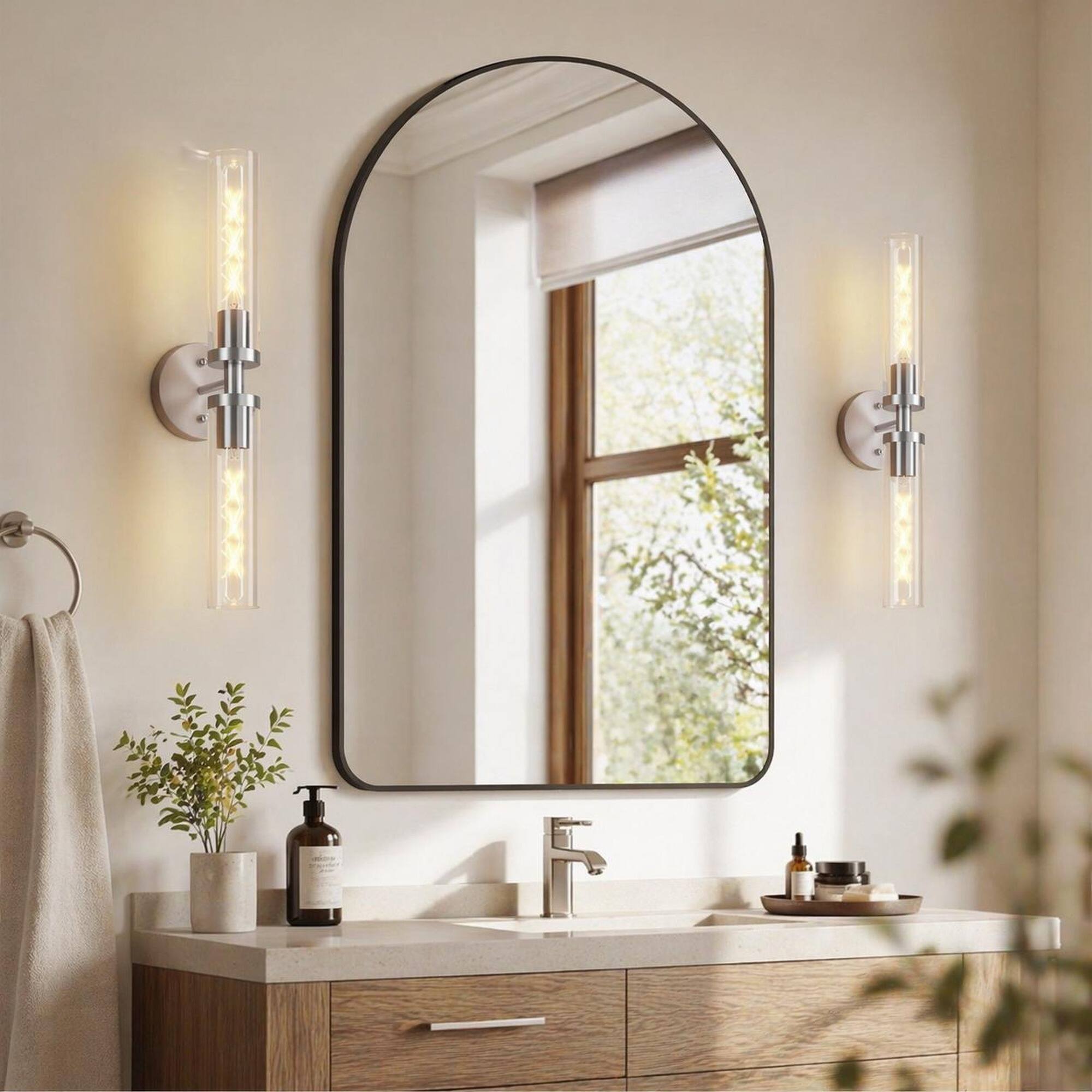 Back. RYHNUYNE - Brushed Nickel Wall Sconces 2-Pack with Clear Glass Shades for Bathroom Vanity, Hallway, and Bedroom Lighting.