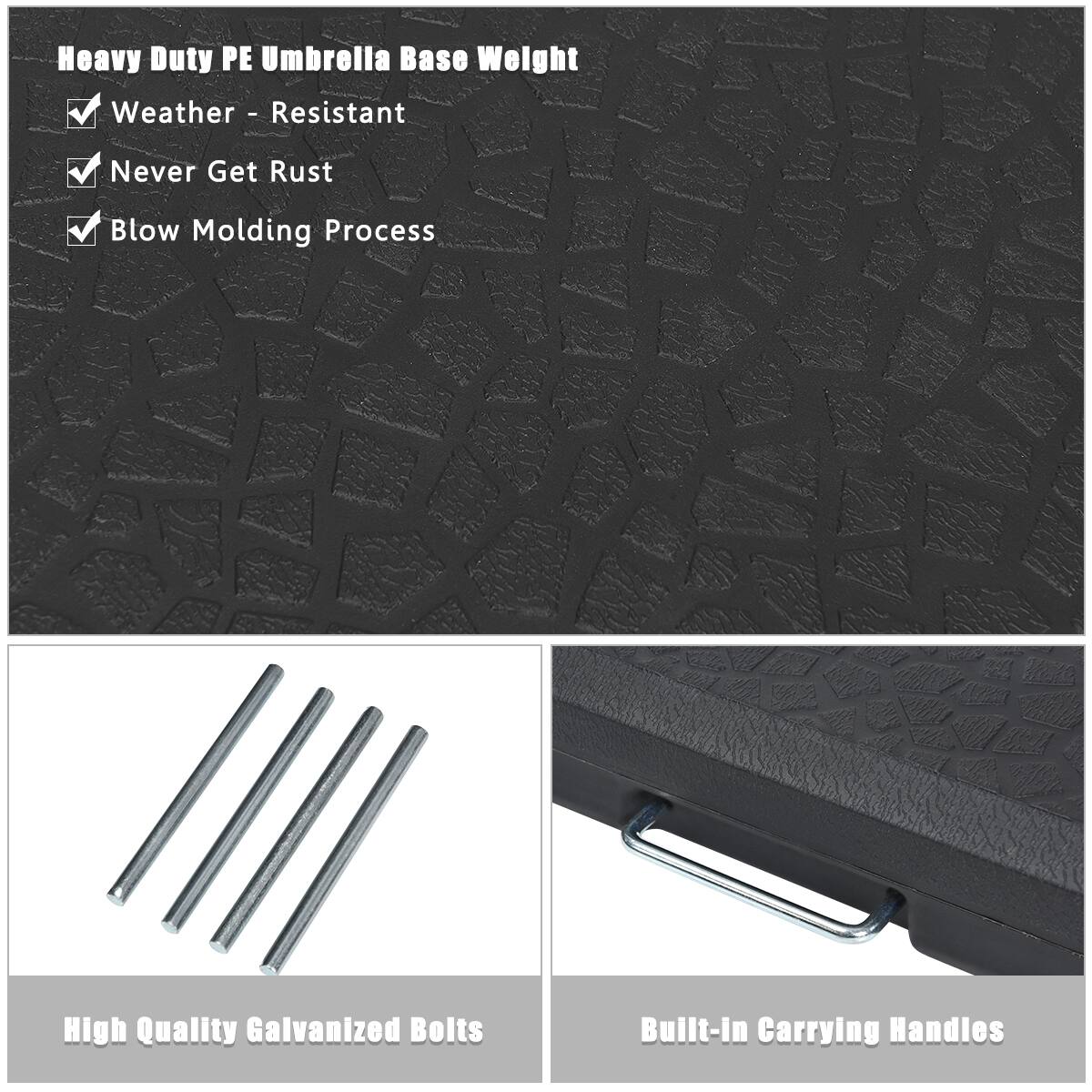 Heavy Duty PE Umbrella Base Weather-Resistant Never Get Rust Blow Molding Process High Quality Galvanized Bolts Built-in Carrying Handles