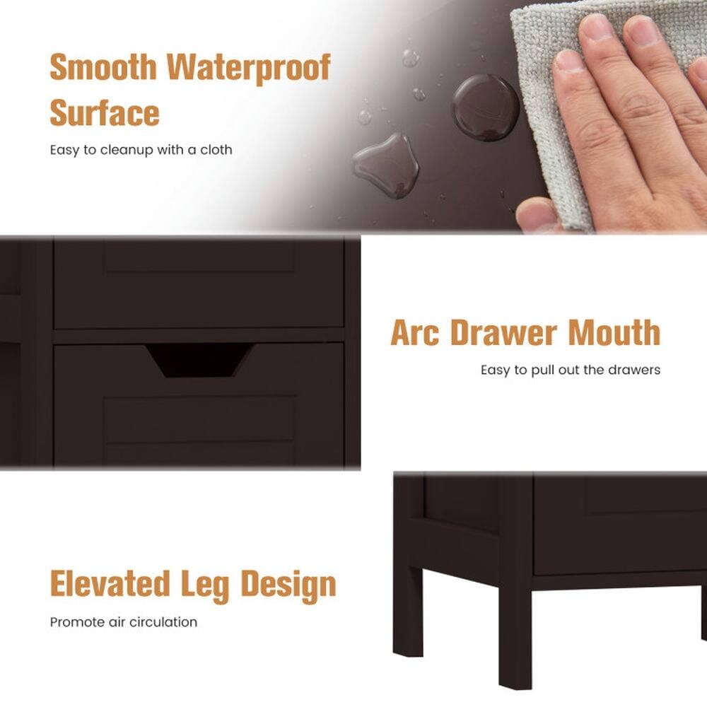 Smooth Waterproof Surface  
Easy to cleanup with a cloth  

Arc Drawer Mouth  
Easy to pull out the drawers  

Elevated Leg Design  
Promote air circulation