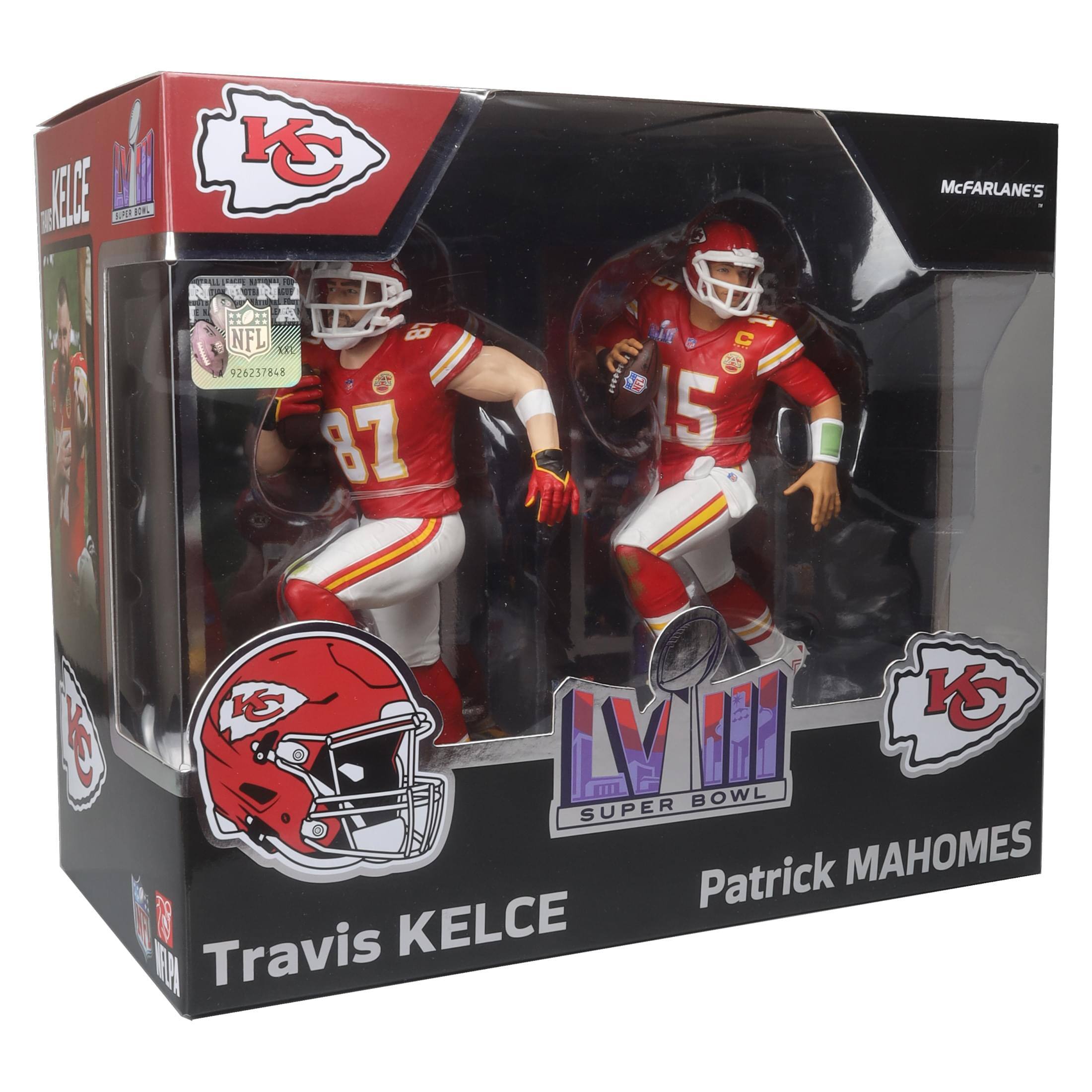 McFarlane's NFL  
926257868  
Super Bowl LVIII  
Patrick Mahomes  
Travis Kelce  
Kansas City Chiefs