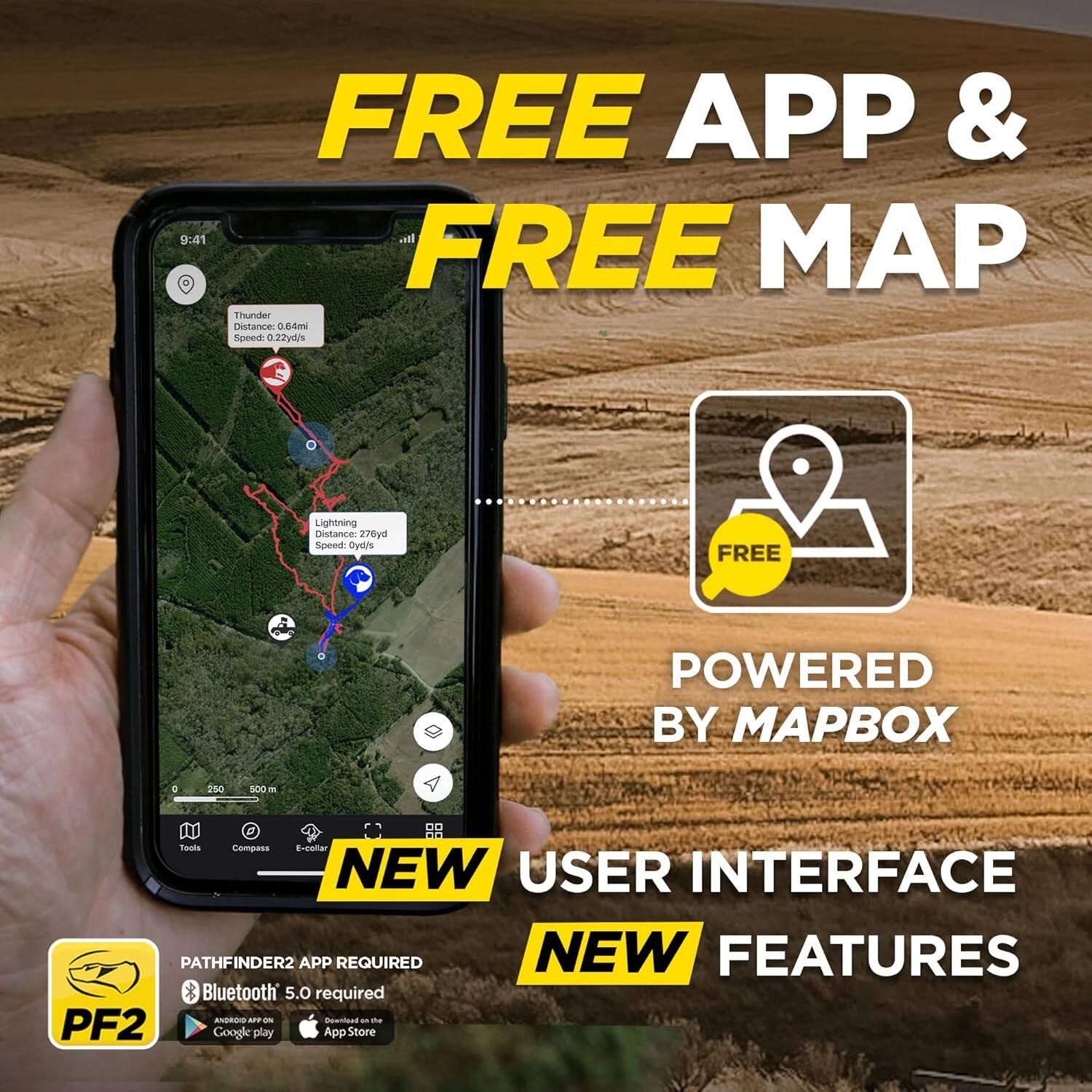 9:41 FREE APP & FREE MAP  
Thunder Distance 0.6-5m Speed 0.22y/s  
Lightning Distance 270yd Speed: yl/s  
FREE  
POWERED BY MAPBOX  
TOOLS  
Compass  
E-compass  
NEW USER INTERFACE  
PATHFINDER2 APP REQUIRED  
NEW FEATURES  
Bluetooth 5.0 required  
PATHFINDER2 APP REQUIRED  
Bluetooth 5.0 required  
ANDROID APP ON GOOGLE PLAY  
App Store