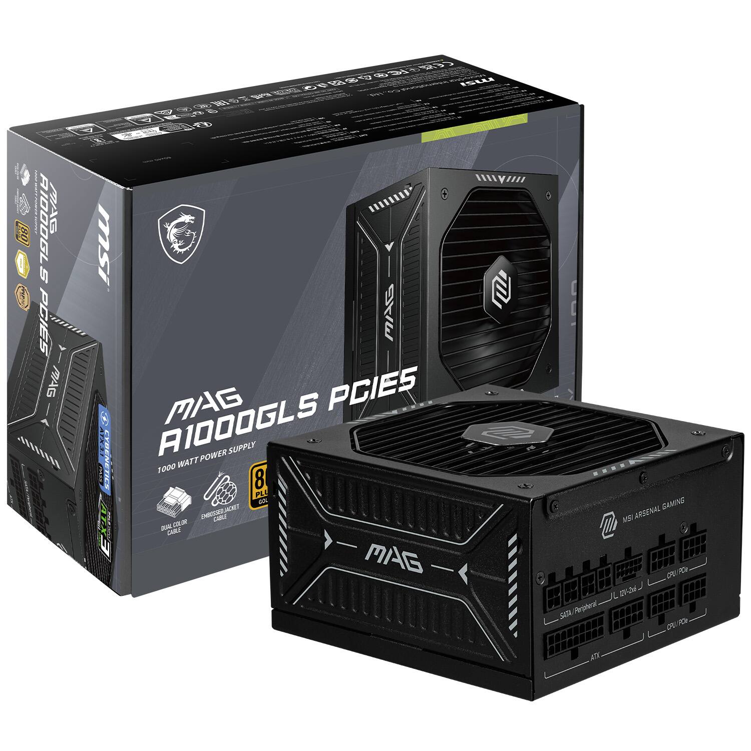 The text on the image is:

"MSI MAG A1000GLS PCIe 1000 Watt 8 Pin Cybernetic Power Supply"

The corrected and grouped text is:

"MSI MAG A1000GLS PCIe 1000 Watt 8 Pin Cybernetic Power Supply"