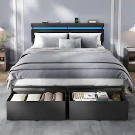 Furnulem - Platform Bed with 2 Drawers and Open Storage Headboard Adjustable LED Light and Charging Station - Black