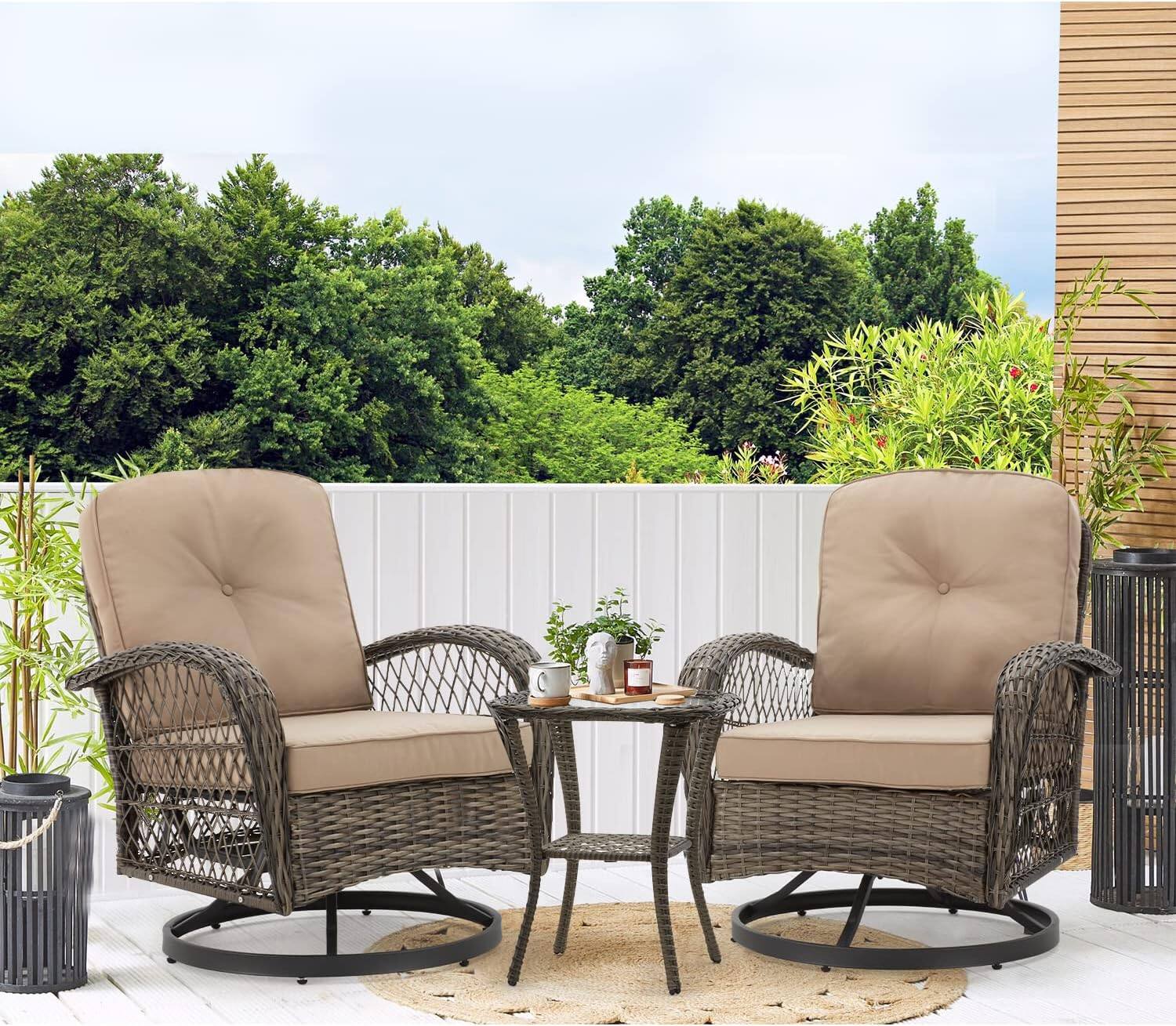 Alt View 5. U-HOMY - Outdoor Swivel Rocking Chair Set with Glass Table - Khaki.