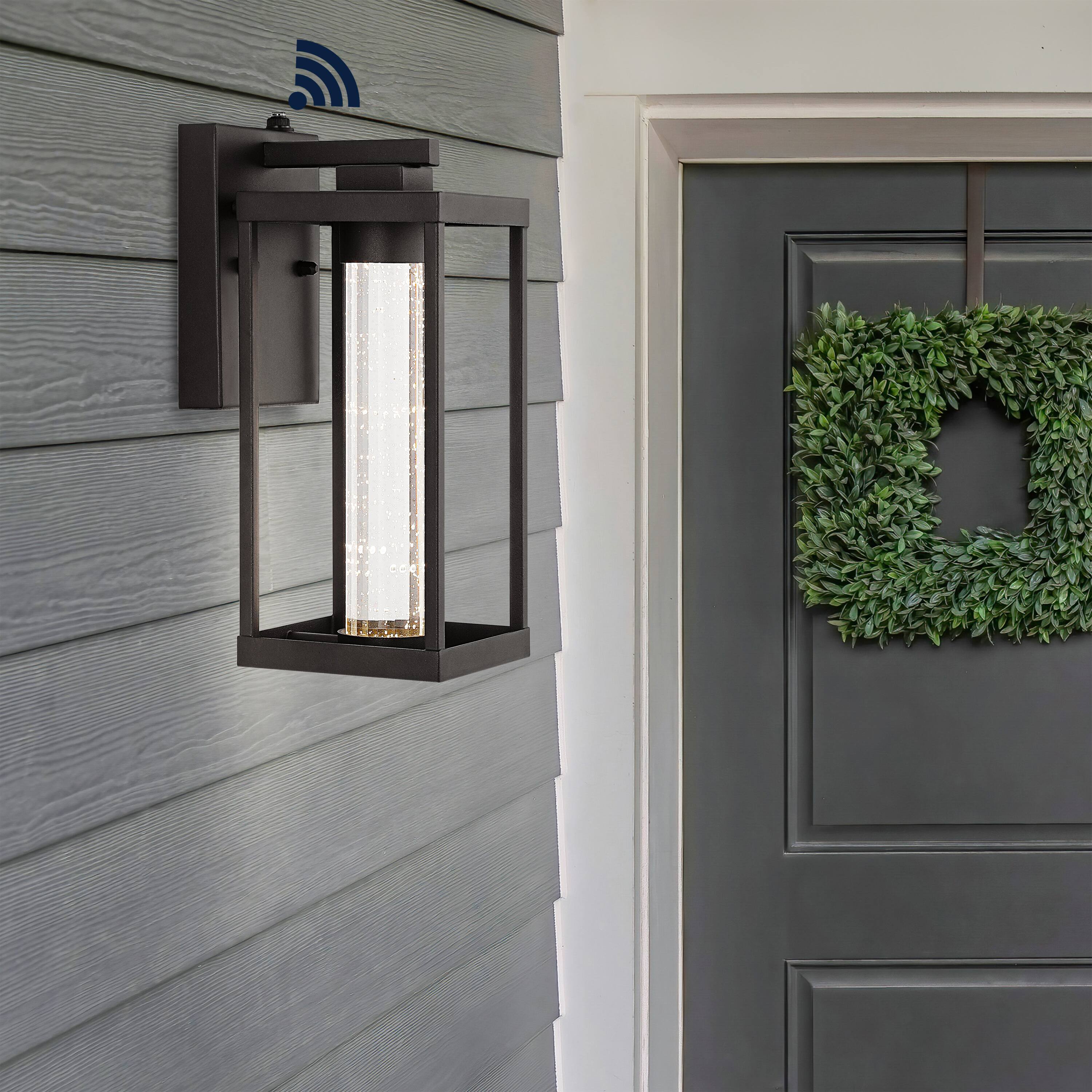 Alt View 7. Jonathan Y - Juno 4.75" 1-Light Industrial Vintage Iron/Seeded Glass with Dusk-to-Dawn Sensor Integrated LED Outdoor Sconce, Black - Black.