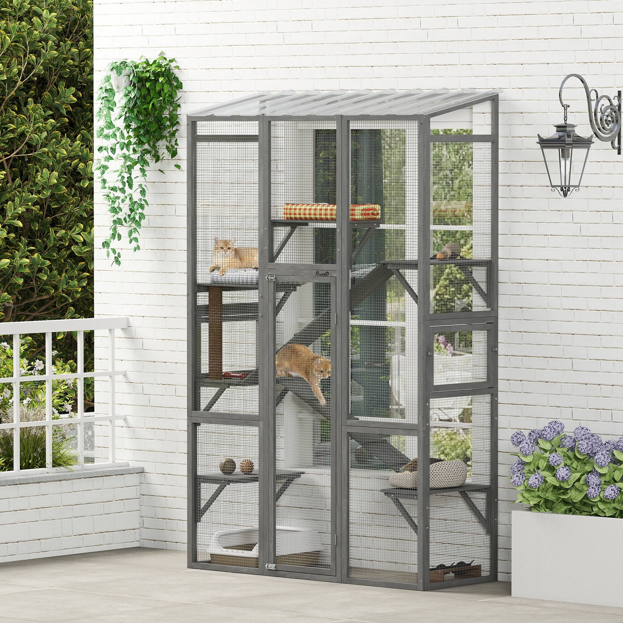 Alt View 1. Pawhut - Catio Cat Enclosure, Large Wooden Cat House with 6 Jumping Platforms, Scratching Post, 2 Ramps - Gray.