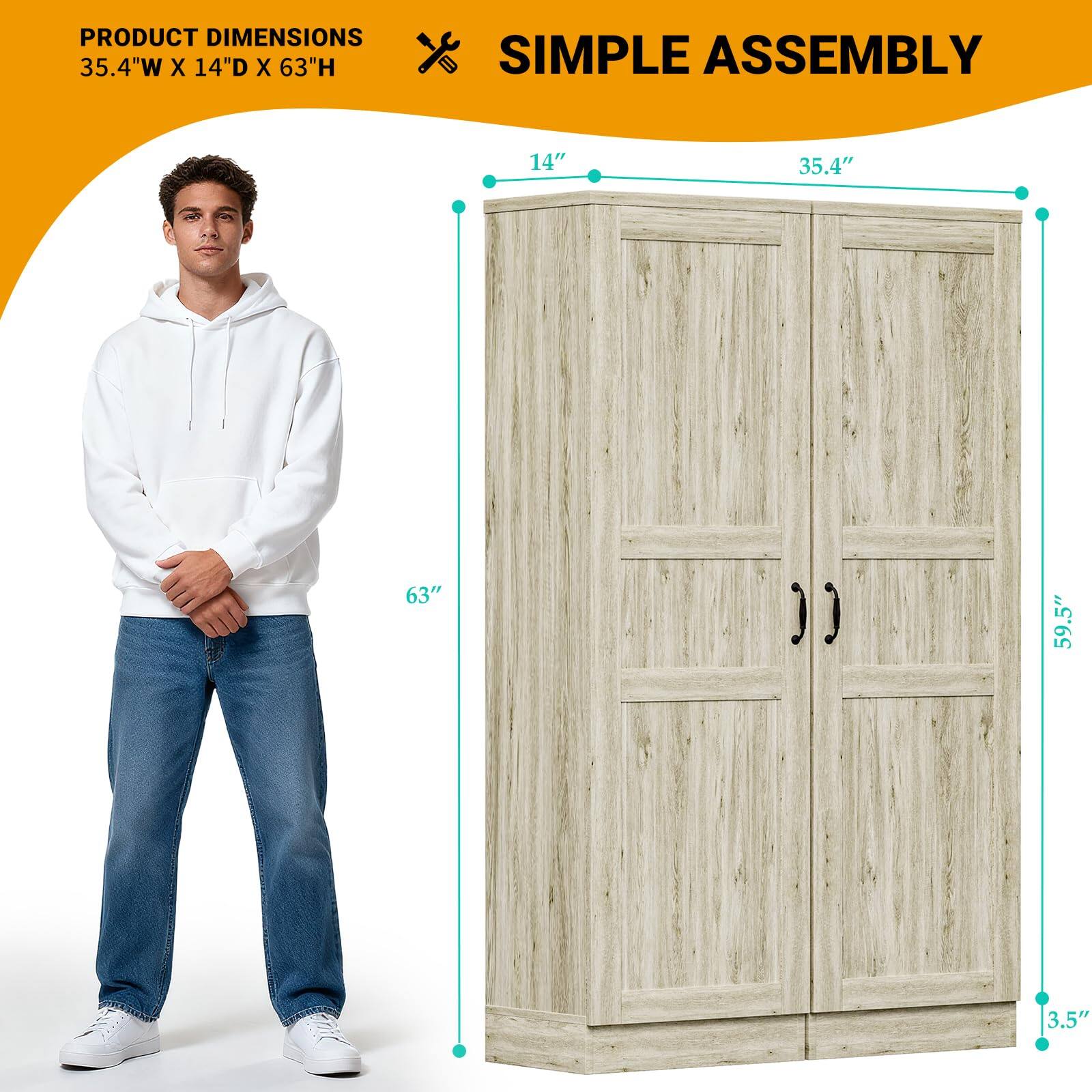 PRODUCT DIMENSIONS 35.4"W X 14"D X 63"H  
SIMPLE ASSEMBLY  
14"  
35.4"  
63"  
59.5"  
3.5"