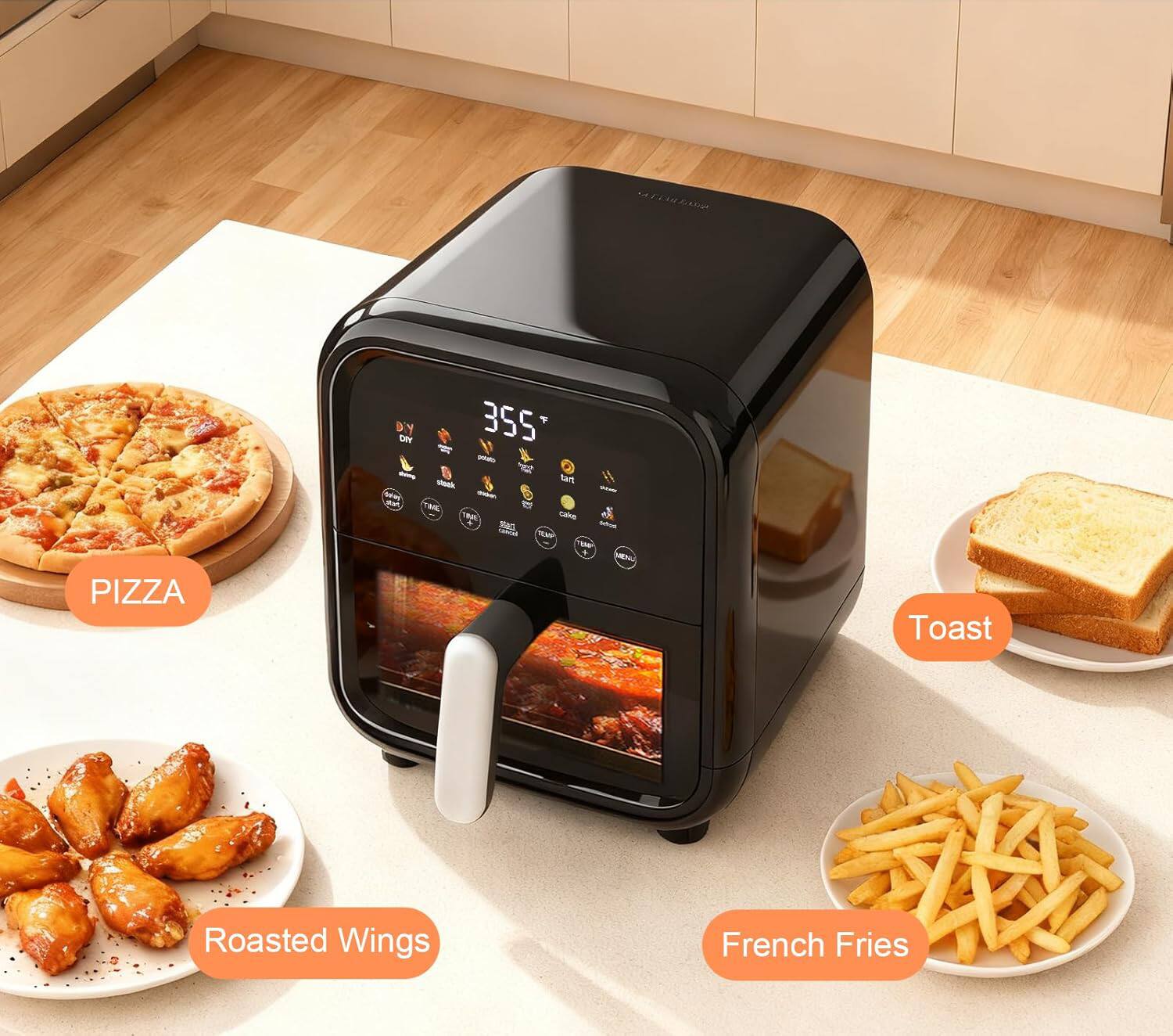 PIZZA  
DIY 355°  
- fat  
- A THAE  
- THA  
- 45 ntan  
- aidas  
- W TM  
- MEN  
Toast  
Roasted Wings  
French Fries