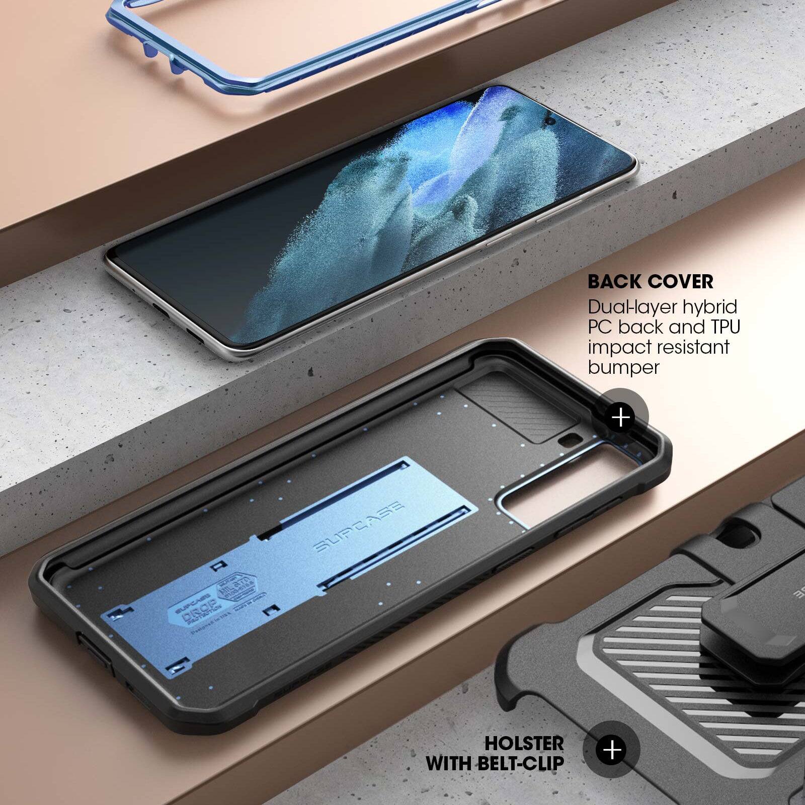 BACK COVER  
Dual-layer hybrid PC back and TPU impact resistant bumper  

HOLSTER WITH BELT-CLIP