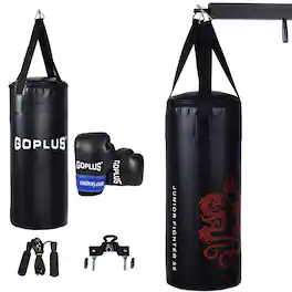 Costway - 2 FT Kids Punch Bag Boxing Set Kick Ball Gloves Skipping Rope Hook Children Boys - Black