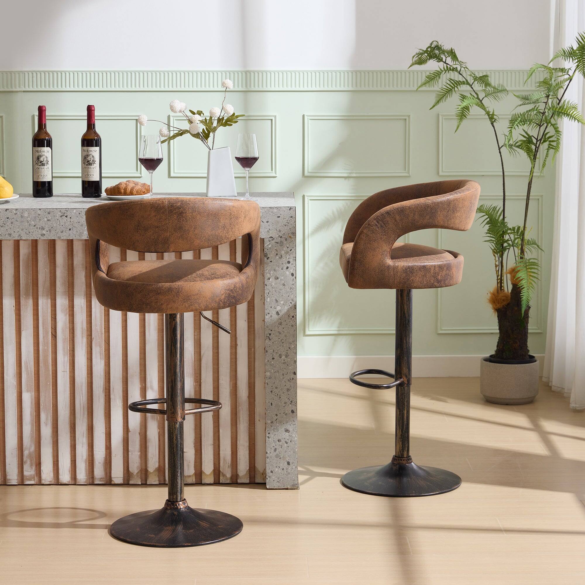 Left. Vecelo - Set of 2 PU Leather  Bar Stools with Adjustable Height ,360° Rotation, 330lb Capacity for Kitchen Island & Cafe - Dark Brown.