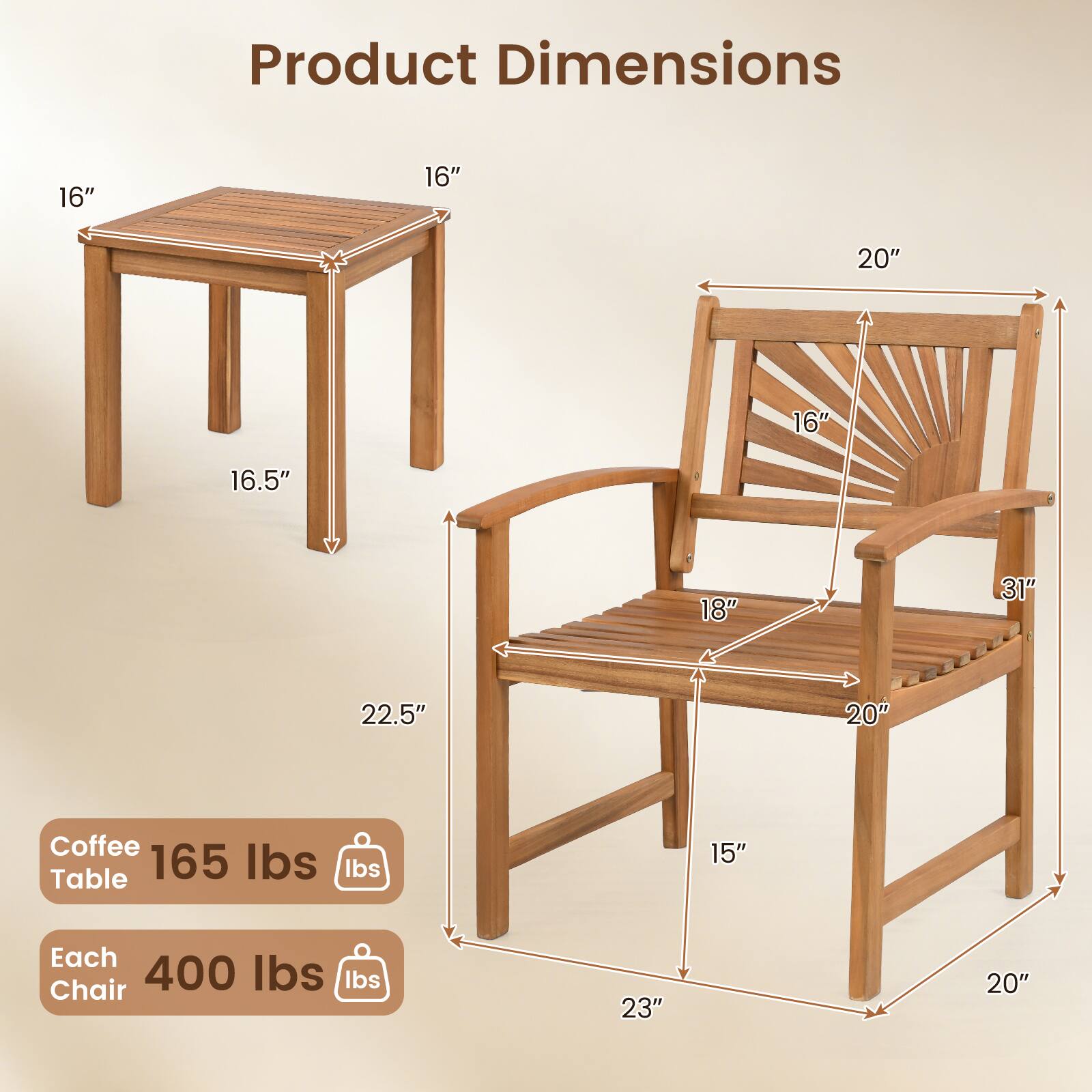 Product Dimensions

Coffee Table
- 16" (width)
- 16" (depth)
- 16.5" (height)
- 22.5" (diagonal)

Each Chair
- 20" (width)
- 16" (depth)
- 31" (height)
- 23" (seat height)
- 18" (seat width)
- 15" (armrest height)

Weight
- Coffee Table: 165 lbs
- Each Chair: 400 lbs