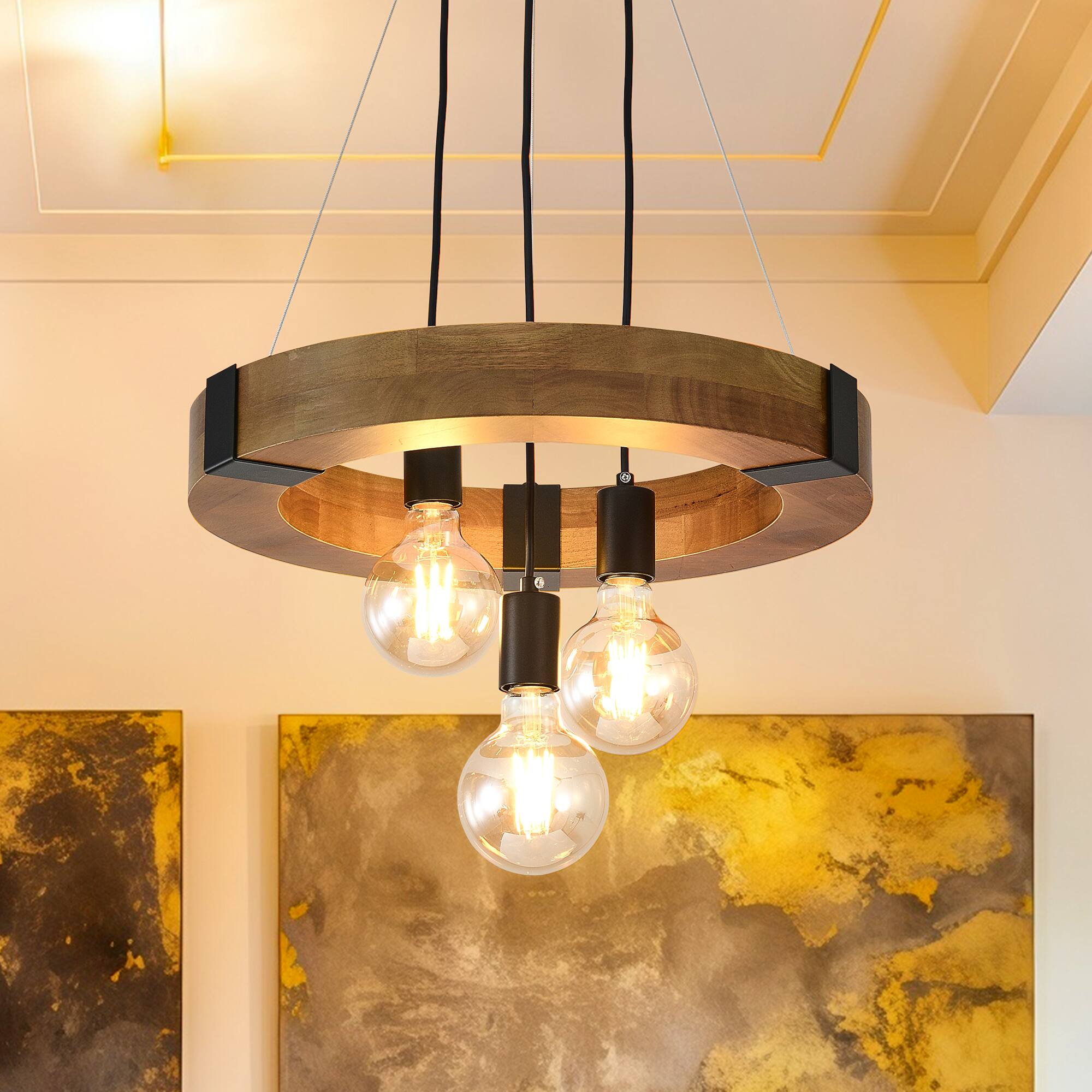 Front. RYHNUYNE - 3-Light Farmhouse Wooden Chandelier 17.72in Circular Pendant with Adjustable Height Rustic Natural Wood Ceiling Light.