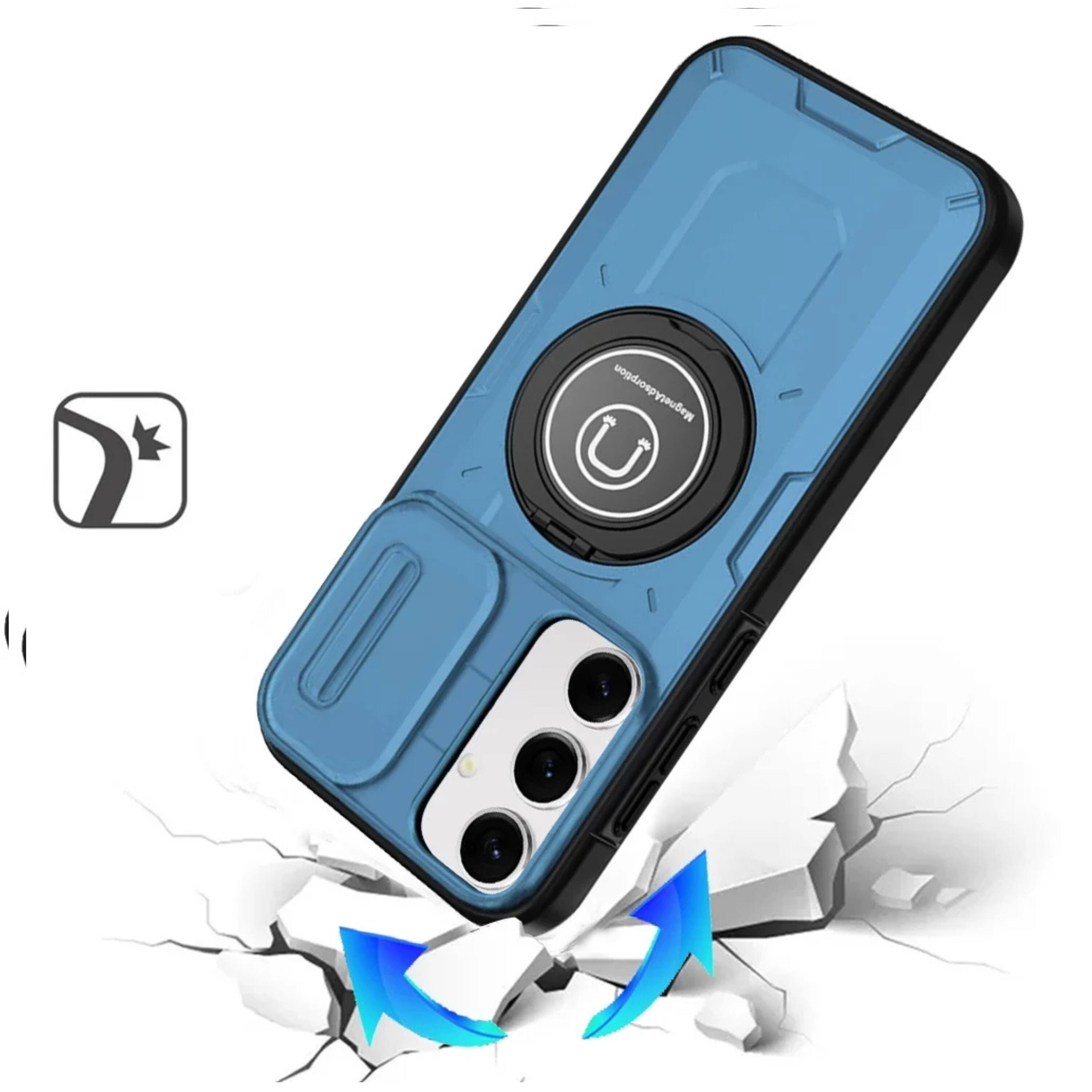 Angle. Kitcheniva - Sliding Cover Metal Ring Stand Phone Case With Tempered Glass For Samsung S25 Plus S24 Plus Blue - Blue.