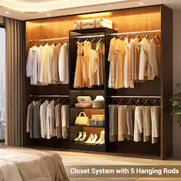 Aheaplus - 4.5-10ft Walk-In Closet Organizer: 5 Adjustable Rods & Shelving Tower, Wood Storage System - Black