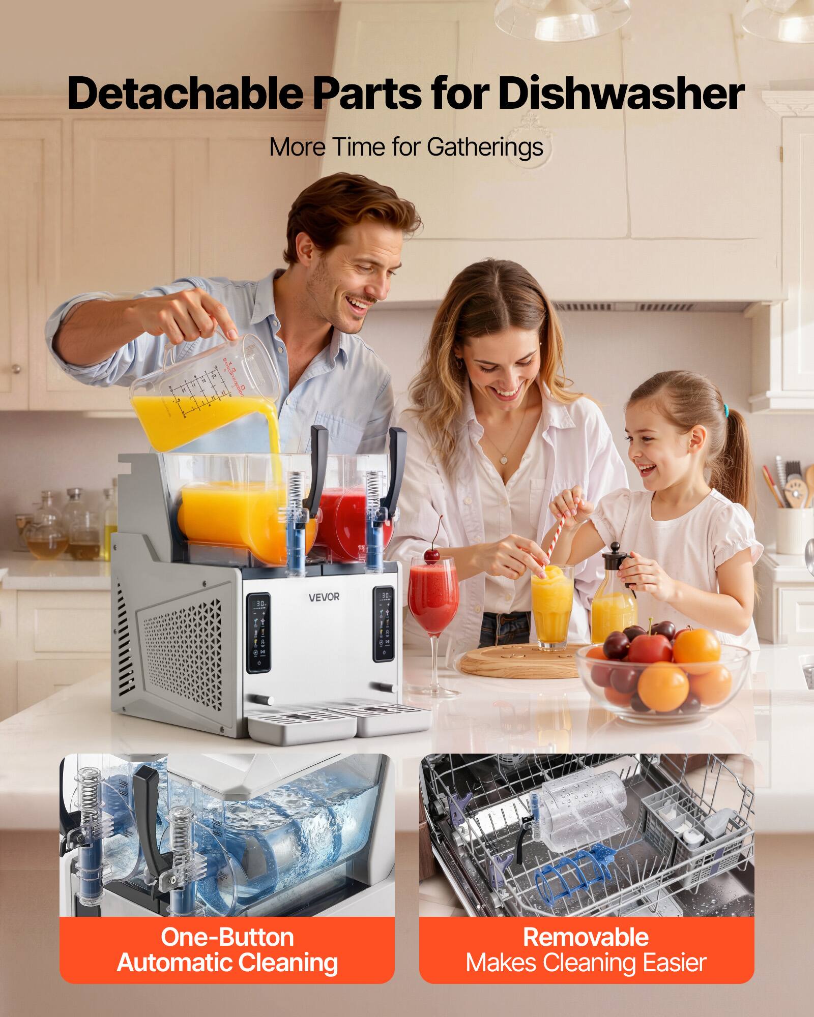 Detachable Parts for Dishwasher  
More Time for Gatherings  

VEVOR 8 One-Button Automatic Cleaning  
Removable Makes Cleaning Easier