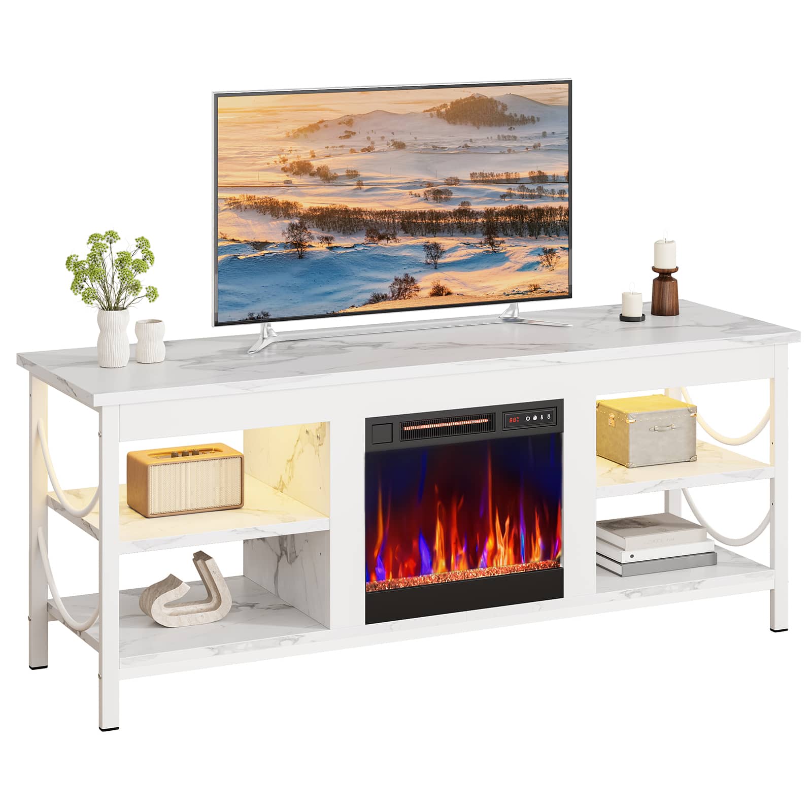 Alt View 4. Pinmoco - Pinmoco - Electric Fireplace TV Stand Fit for TVs up to 65 Inch Gaming Entertainment Center with Open Storage Shelves - White Marble.