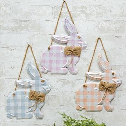 Front. BreeBe - Spring Gingham Hanging Metal Bunny - 3 Asstd. - Multi.