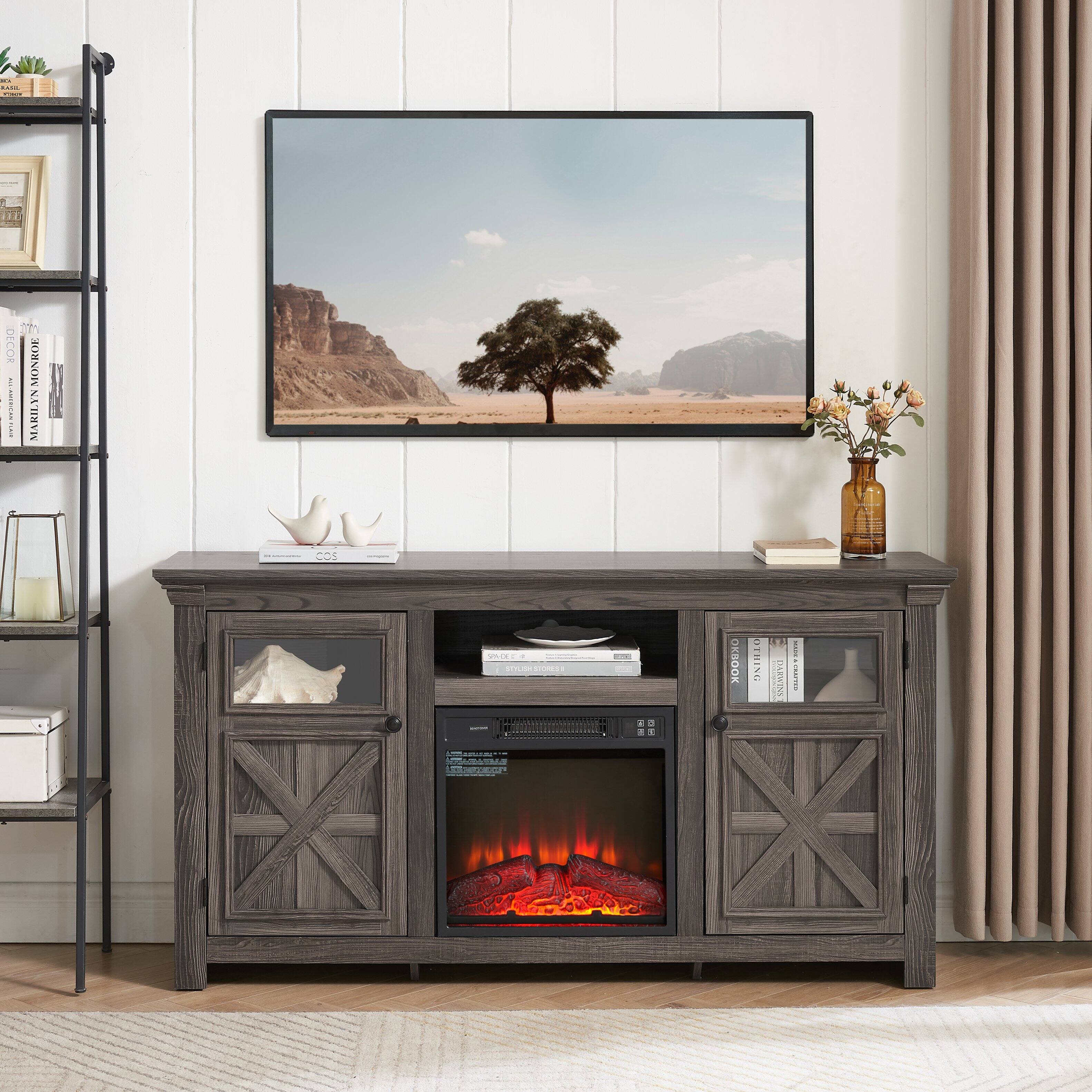 Alt View 2. TinyHomie - 60.23inch W Farmhouse TV Stand Barn Design 18inch Fireplace Insert Grey.