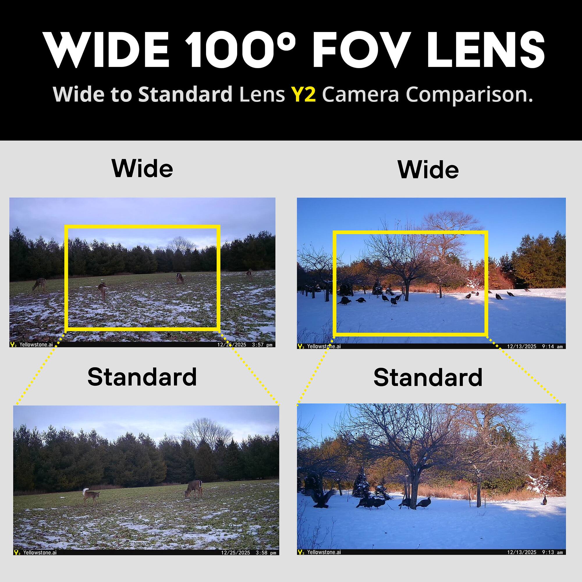WIDE 100° FOV LENS  
Wide to Standard Lens Y2 Camera Comparison.

Wide  
Yellowstone.ai  
12/26/2025 3:57 pm

Wide  
Yellowstone.ai  
12/13/2025 9:14 am

Standard  
Yellowstone.ai  
12/25/2025 3:58 pm

Standard  
Yellowstone.ai  
12/13/2025 9:13 am