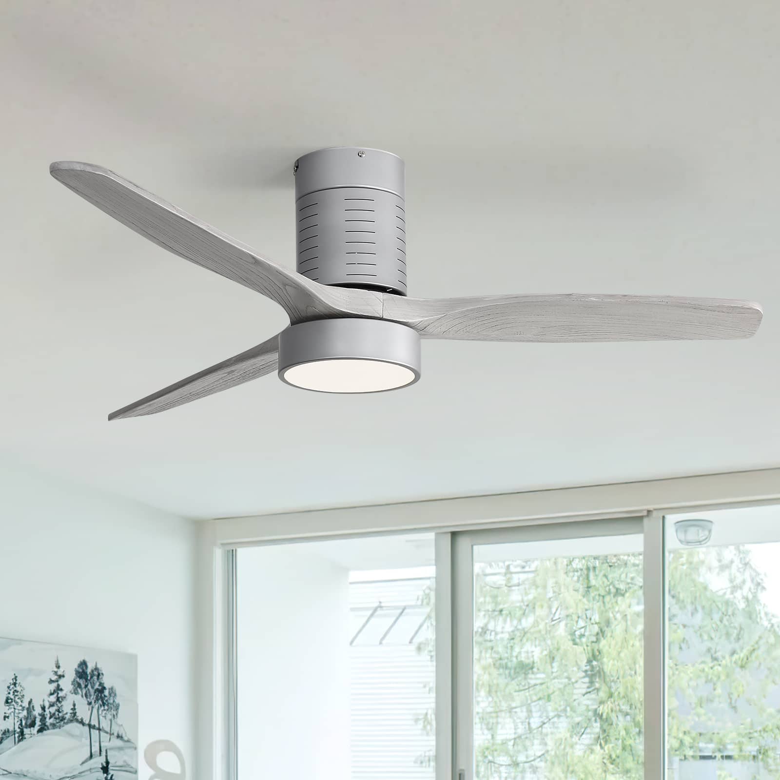 Sofucor - 52'' Low Profile Ceiling Fan with Lights and Remote Dimmable LED Reversible DC Modern Wood Flush Mount Ceiling Fan - Silver