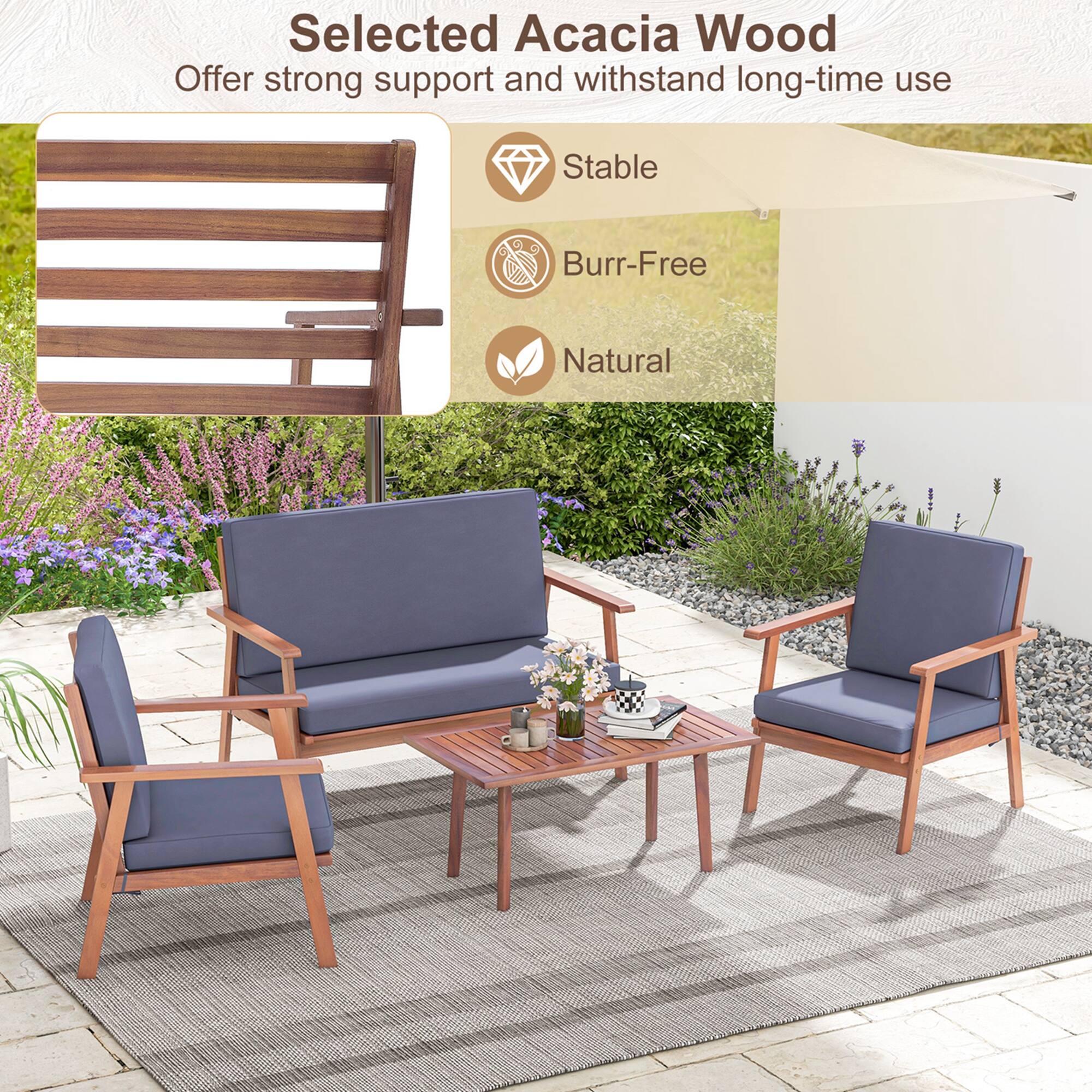 Selected Acacia Wood  
Offer strong support and withstand long-time use  

- Stable  
- Burr-Free  
- Natural