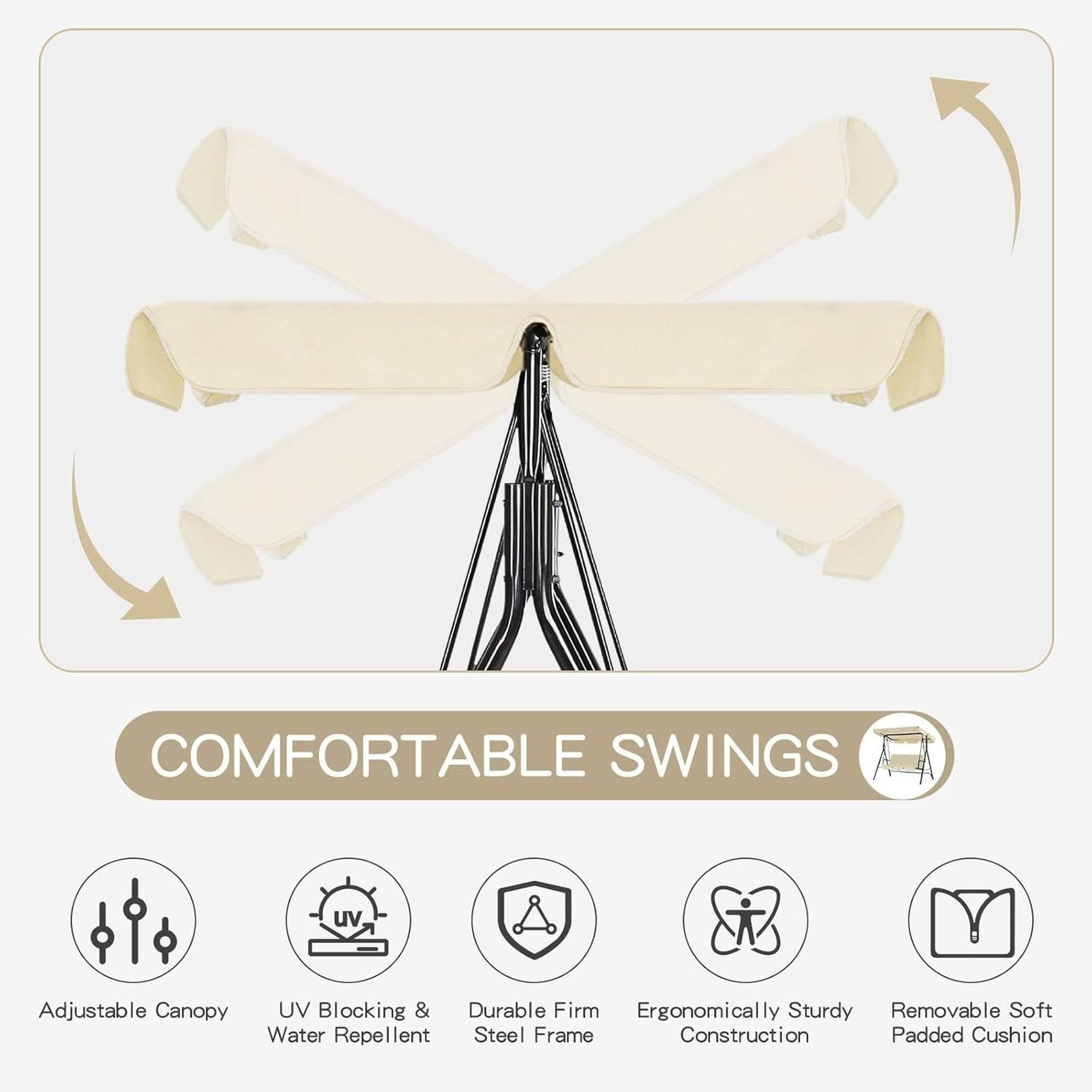 COMFORTABLE SWINGS

- Adjustable Canopy
- UV Blocking & Water Repellent
- Durable Firm Steel Frame
- Ergonomically Sturdy Construction
- Removable Soft Padded Cushion