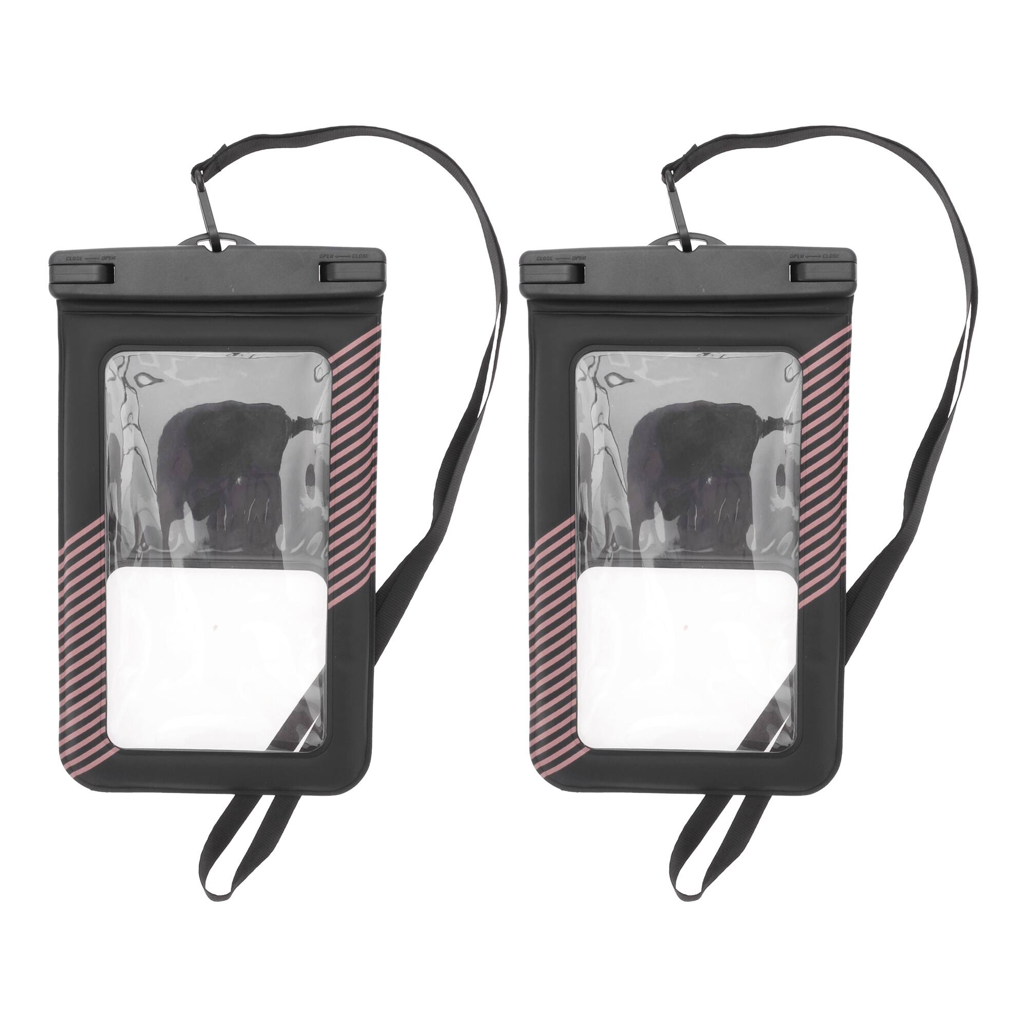 Front. Unique Bargains - 2pcs Half Stripe Mobile Waterproof Bag Universal Waterproof Case Compatible for Phone 5.51"x9.06" - Black Light Pink.