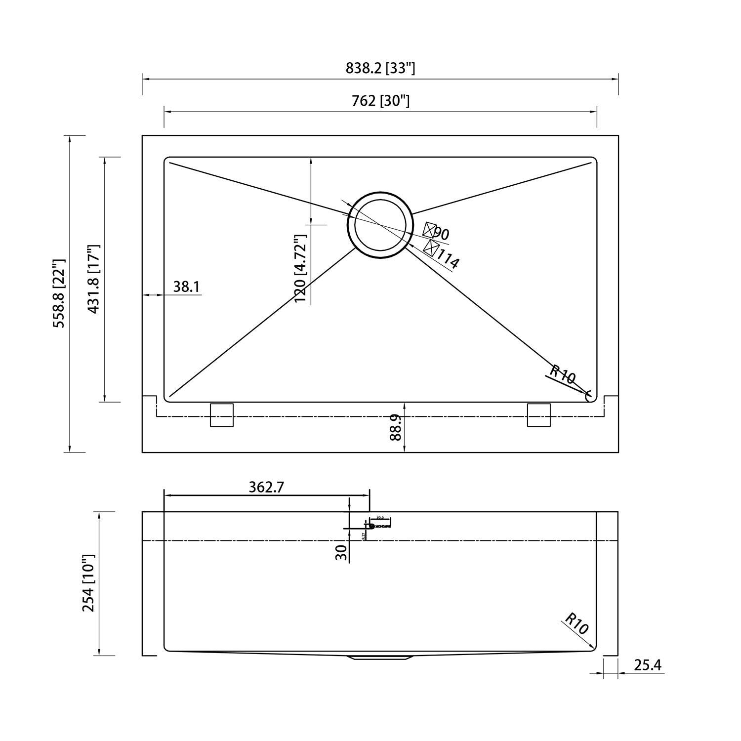 838.2 [33"] 762 [30"] 558.8 [12"] 431.8 [17"] 38.1 120 [4.72"] X90 X114 R10 88.9 362.7 [10"] 254 [10"] 30 R10 25.4