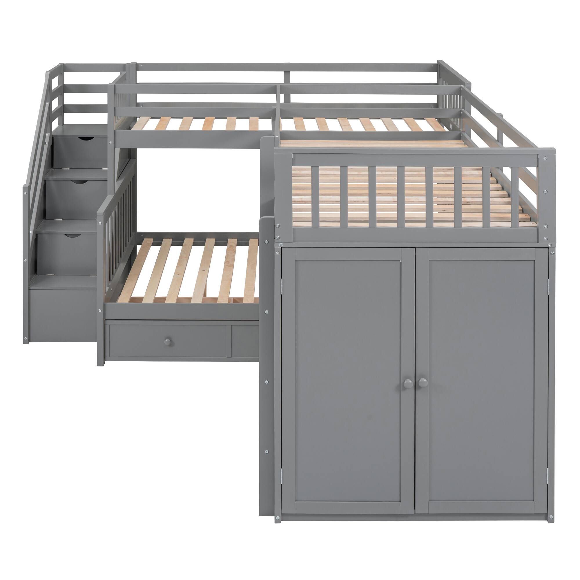 Alt View 1. Tiramisubest - Twin-Twin Full L-Shaped Bunk Bed with 3 Drawers, Desk & Wardrobe, Gray - Gray.